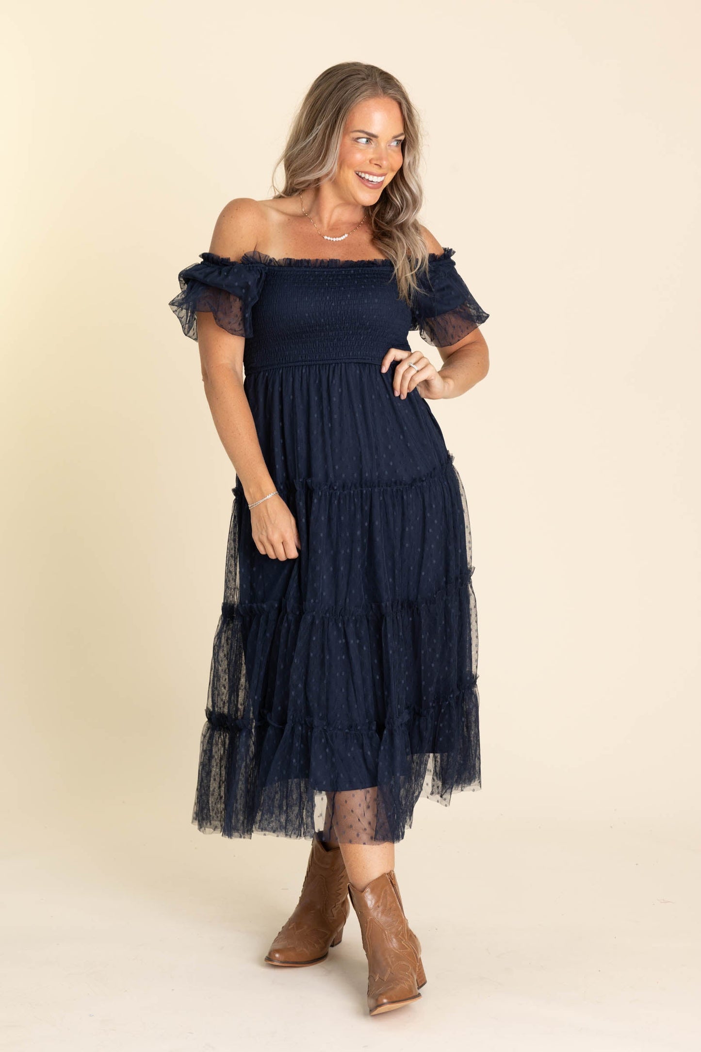 Navy Swiss Dot Midi Dress