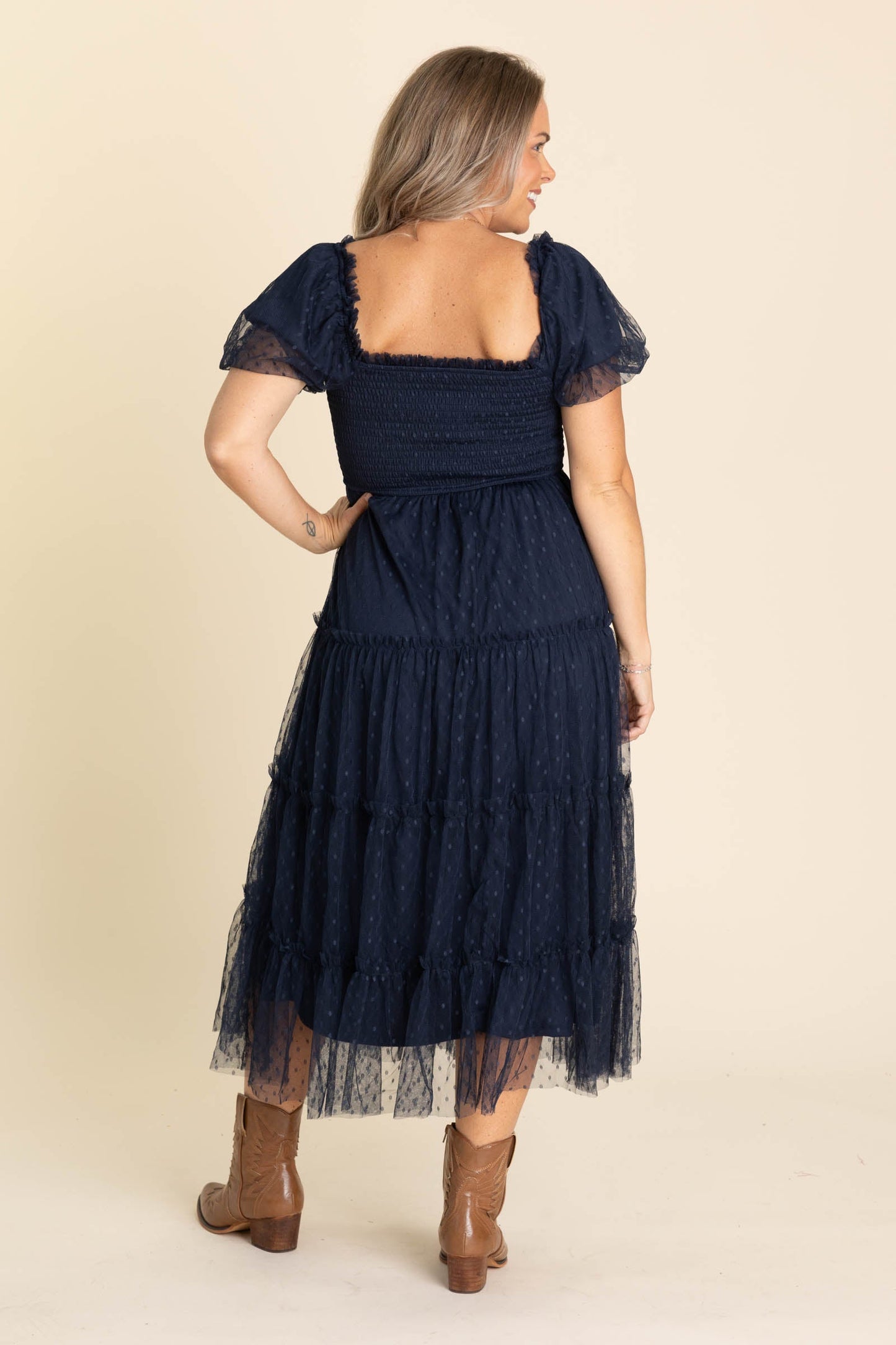 Navy Swiss Dot Midi Dress