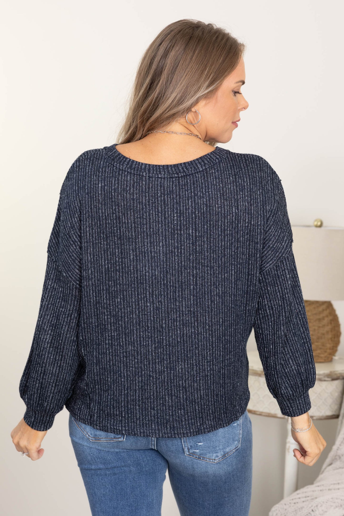 Navy Marled Long Sleeve Ribbed Knit Top