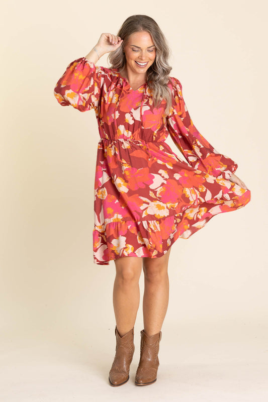 Burgundy Floral Woven Dress With Bow Tie