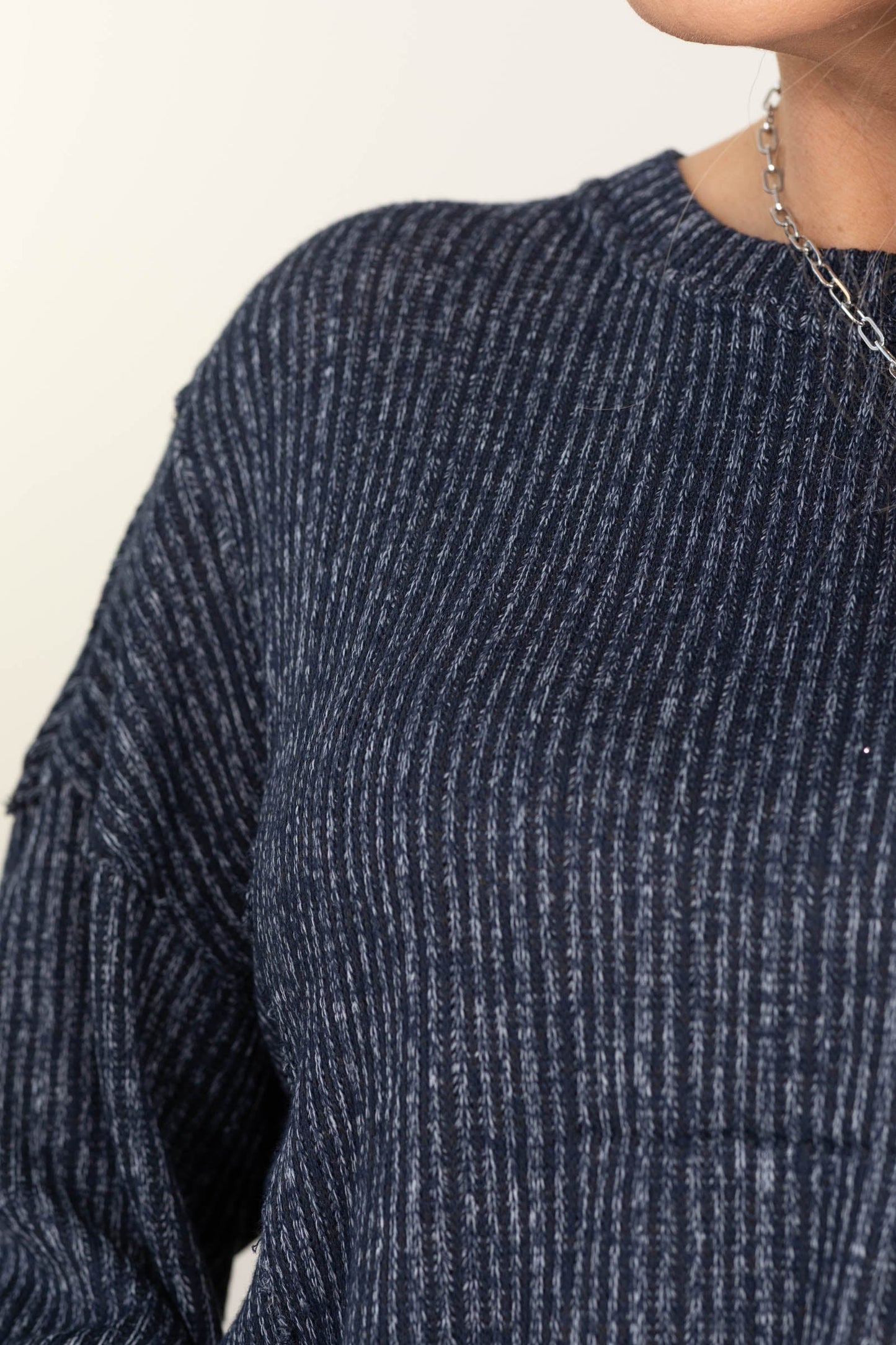 Navy Marled Long Sleeve Ribbed Knit Top