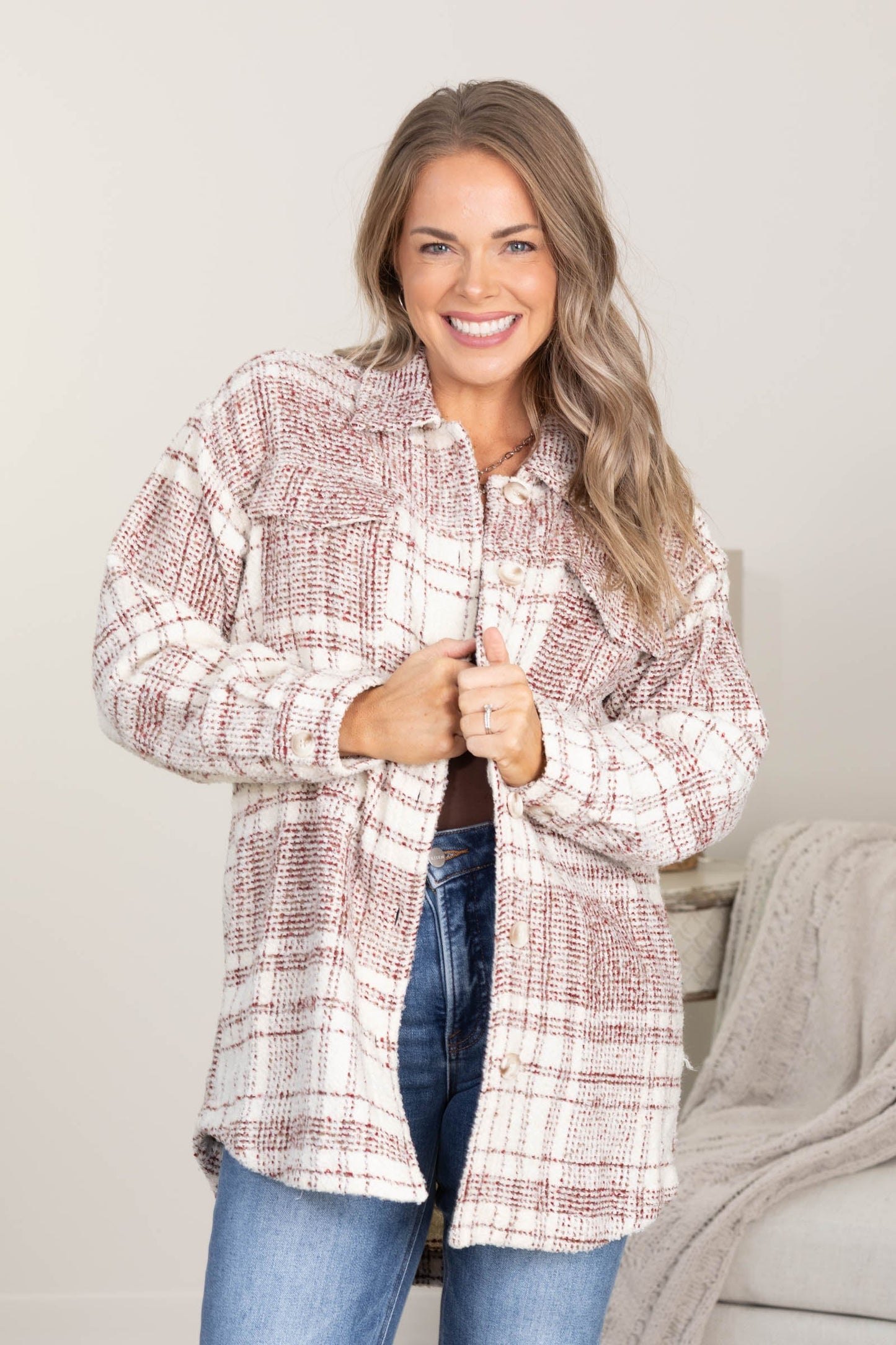 Wine and Cream Boucle Plaid Shacket