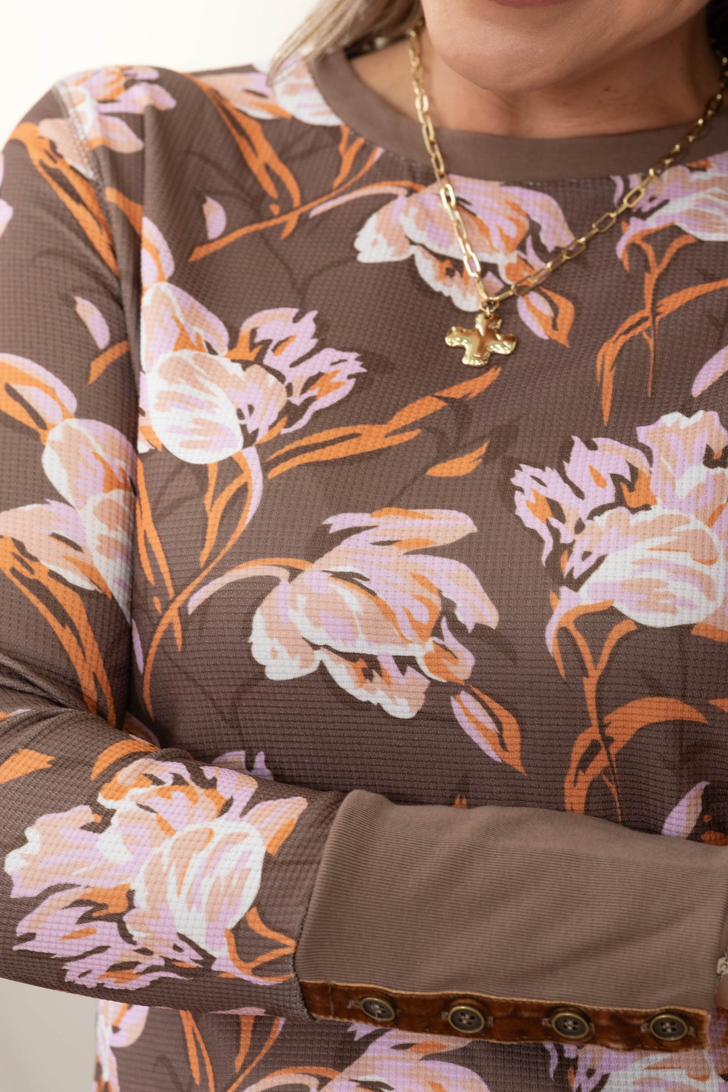 Brown Floral Waffle Knit Long Sleeve Top