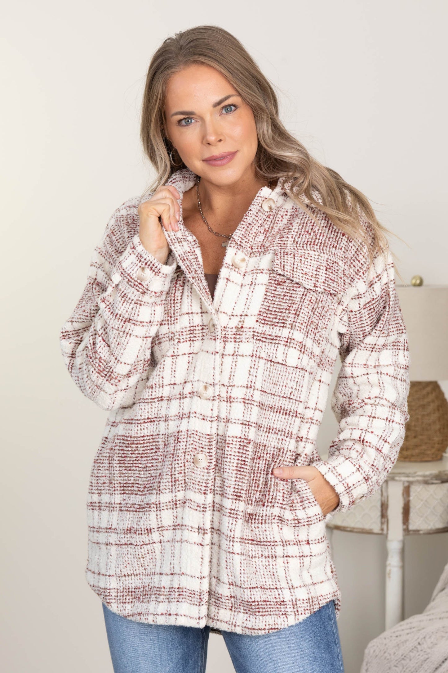 Wine and Cream Boucle Plaid Shacket
