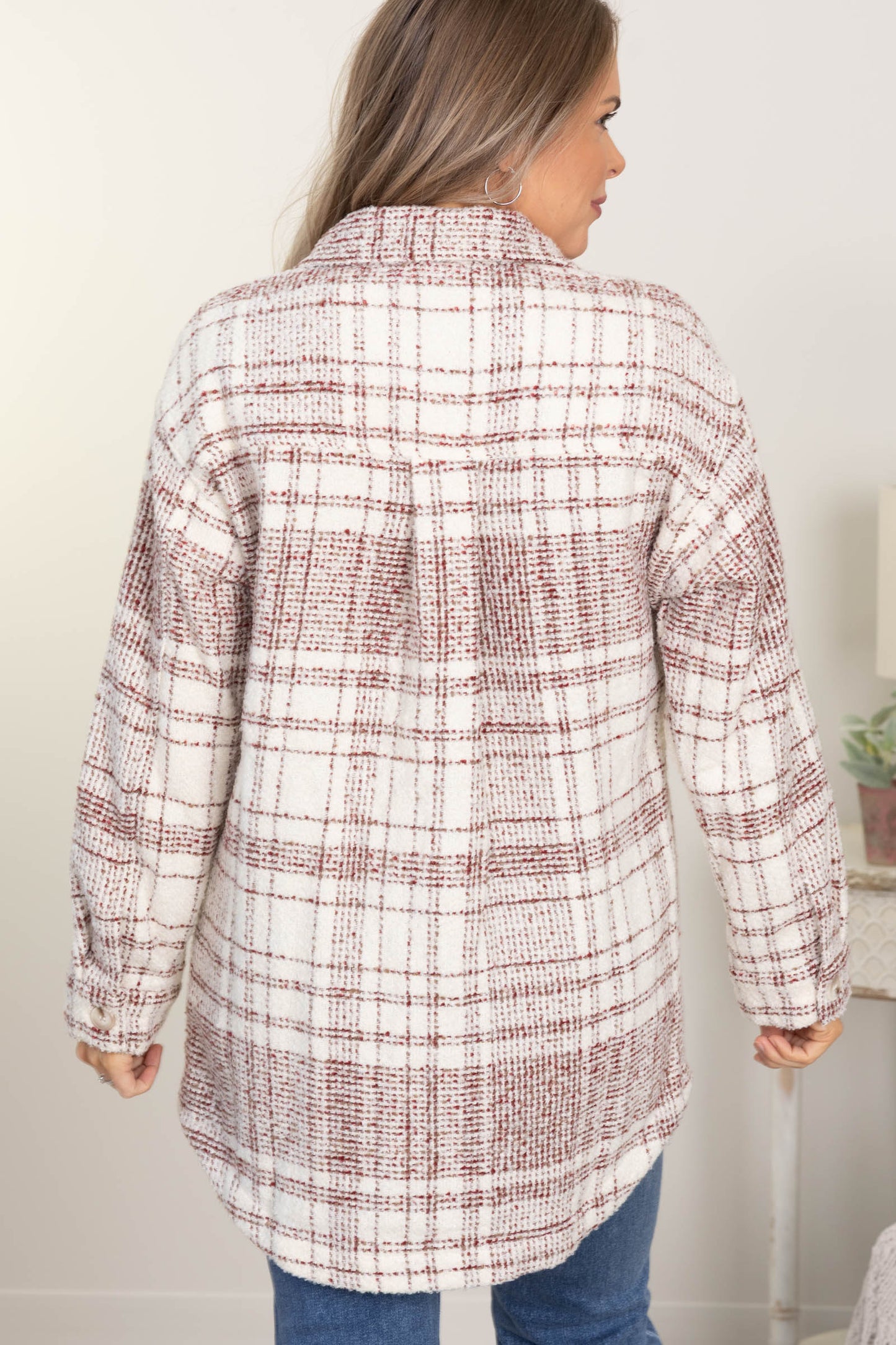 Wine and Cream Boucle Plaid Shacket