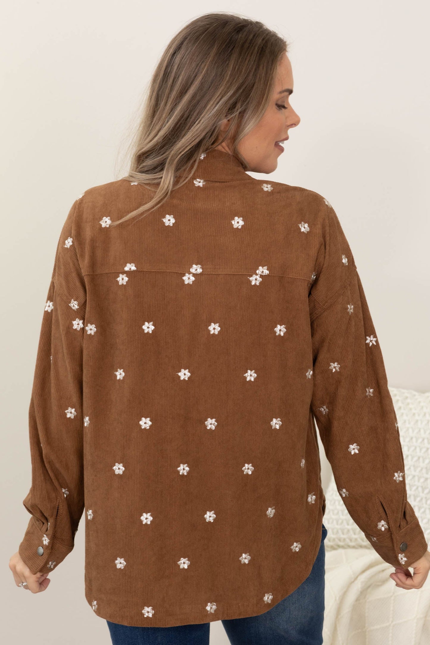 Camel Floral Embroidery Oversized Corduroy Top