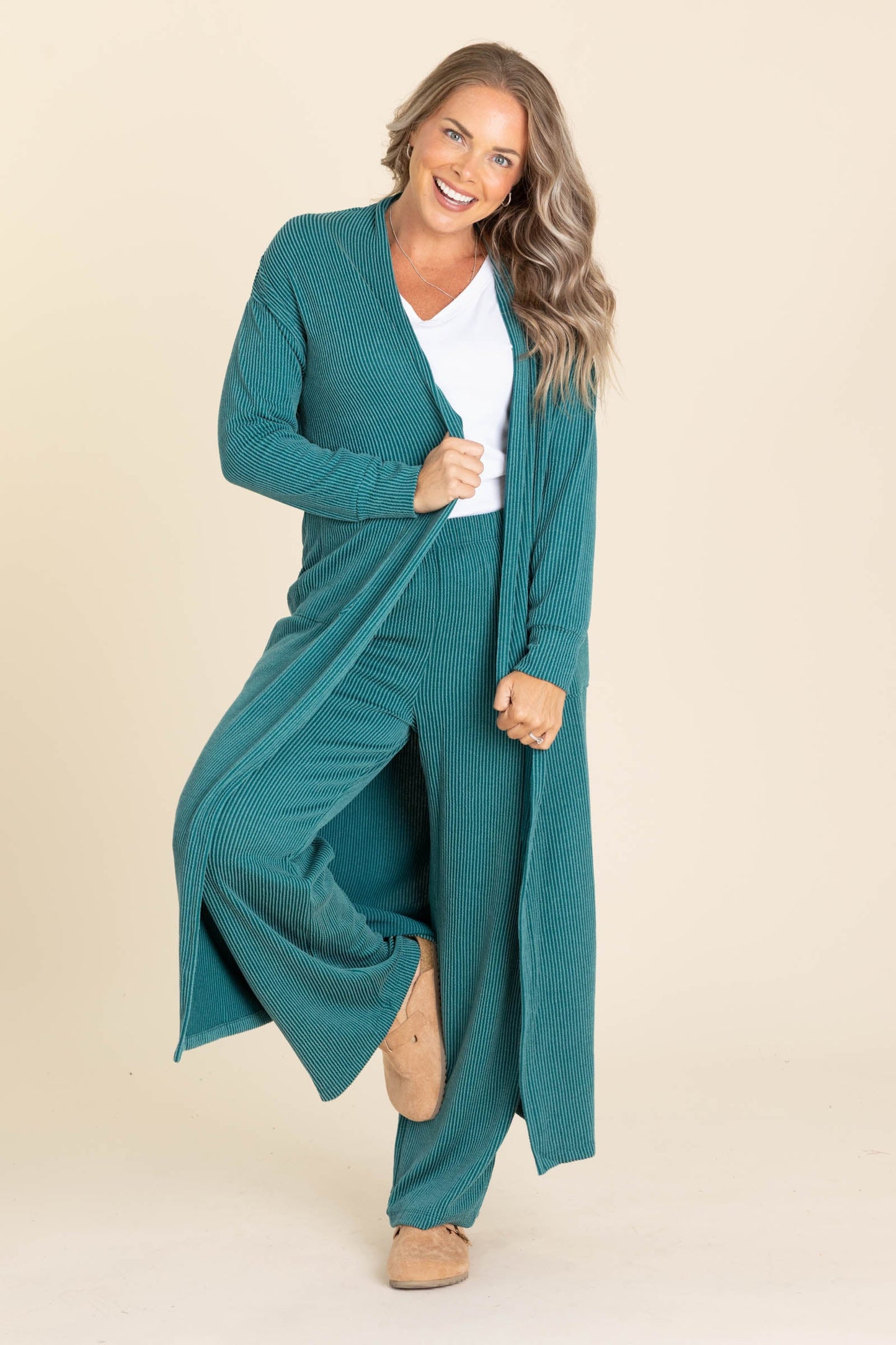 Soft Knit Long Open Cardigan And Pants Sets