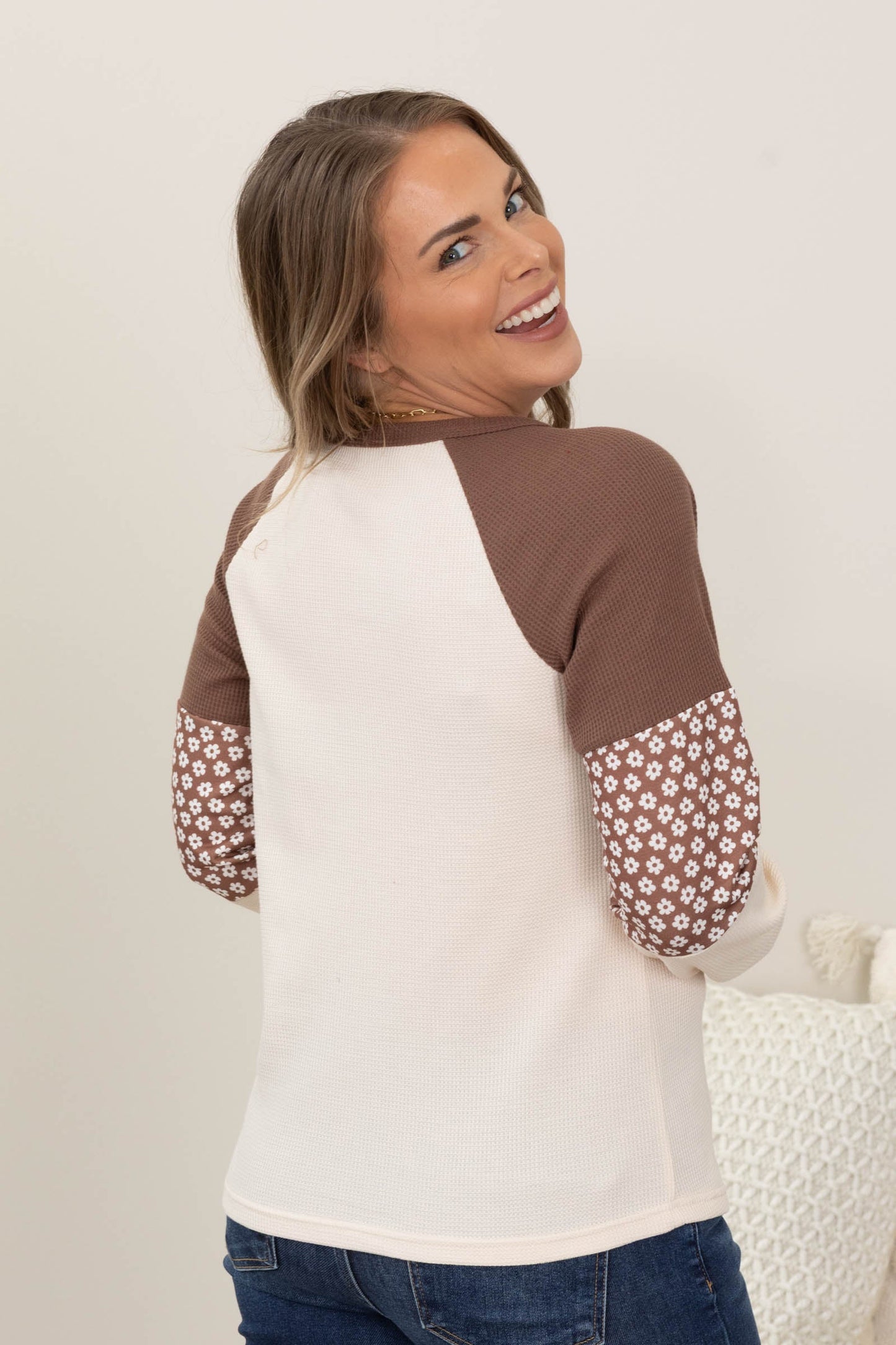 Brown And Beige Floral Sleeve Detail Top