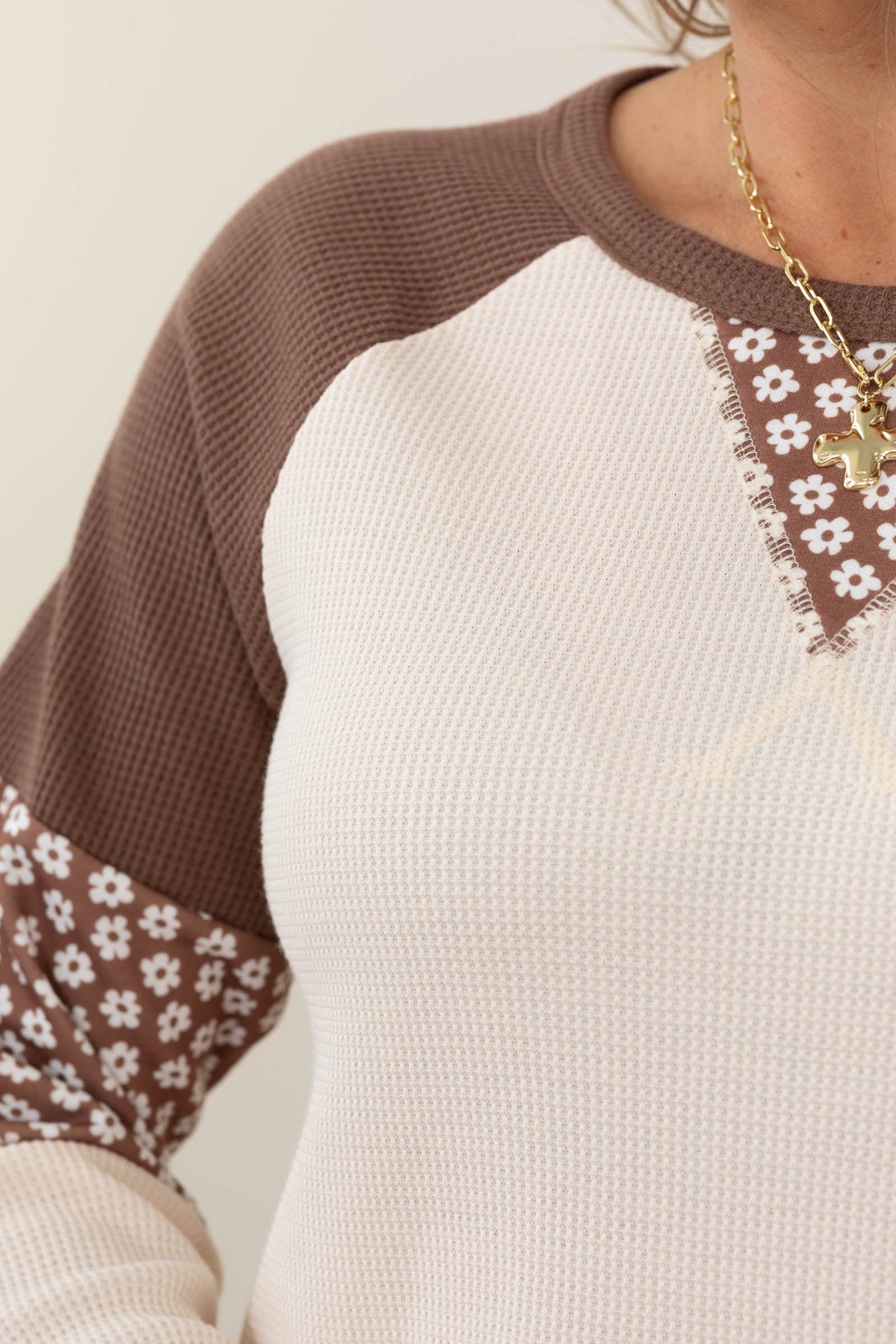 Brown And Beige Floral Sleeve Detail Top