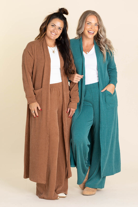 Soft Knit Long Open Cardigan And Pants Sets