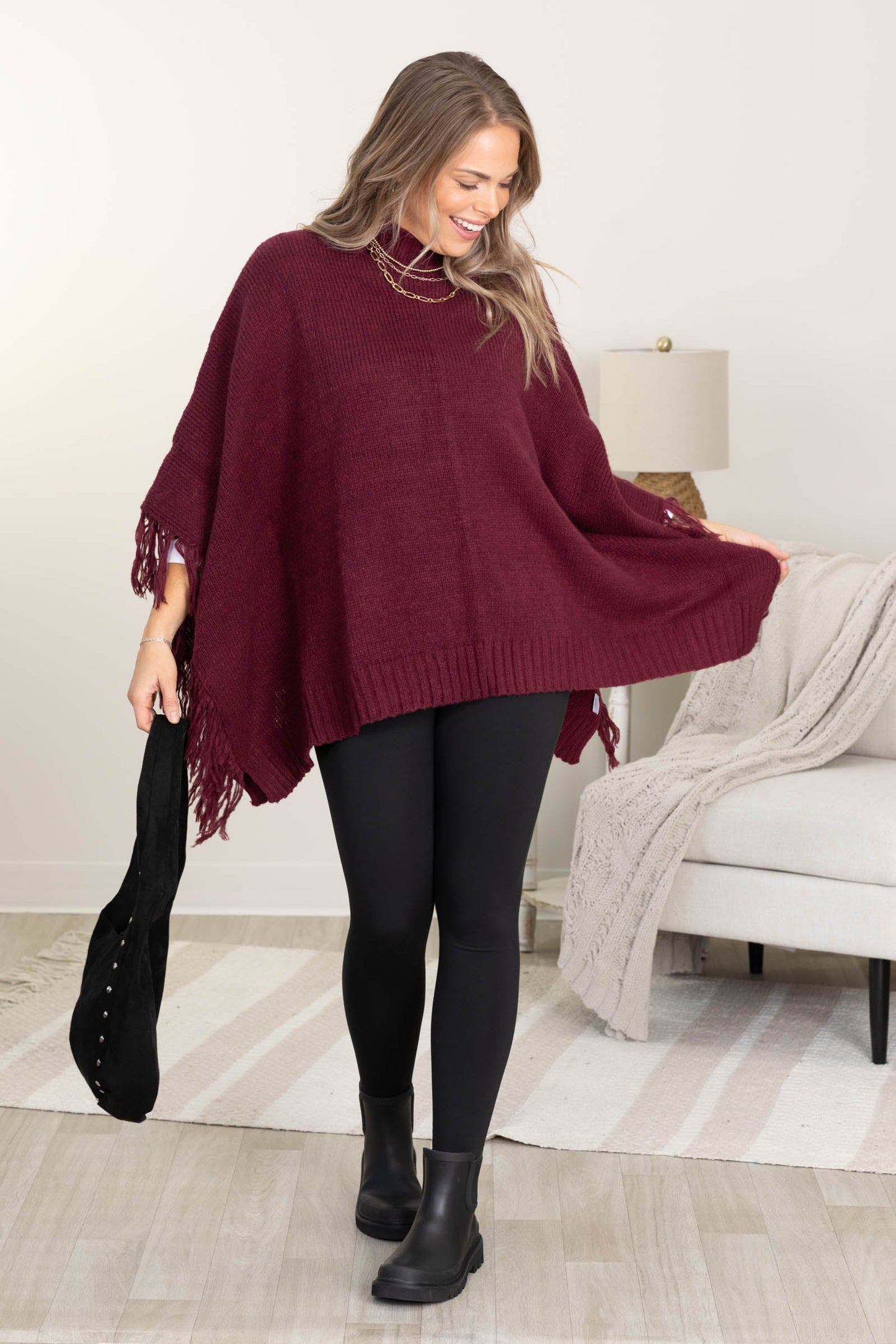Burgundy Poncho Top With Fringe Detail
