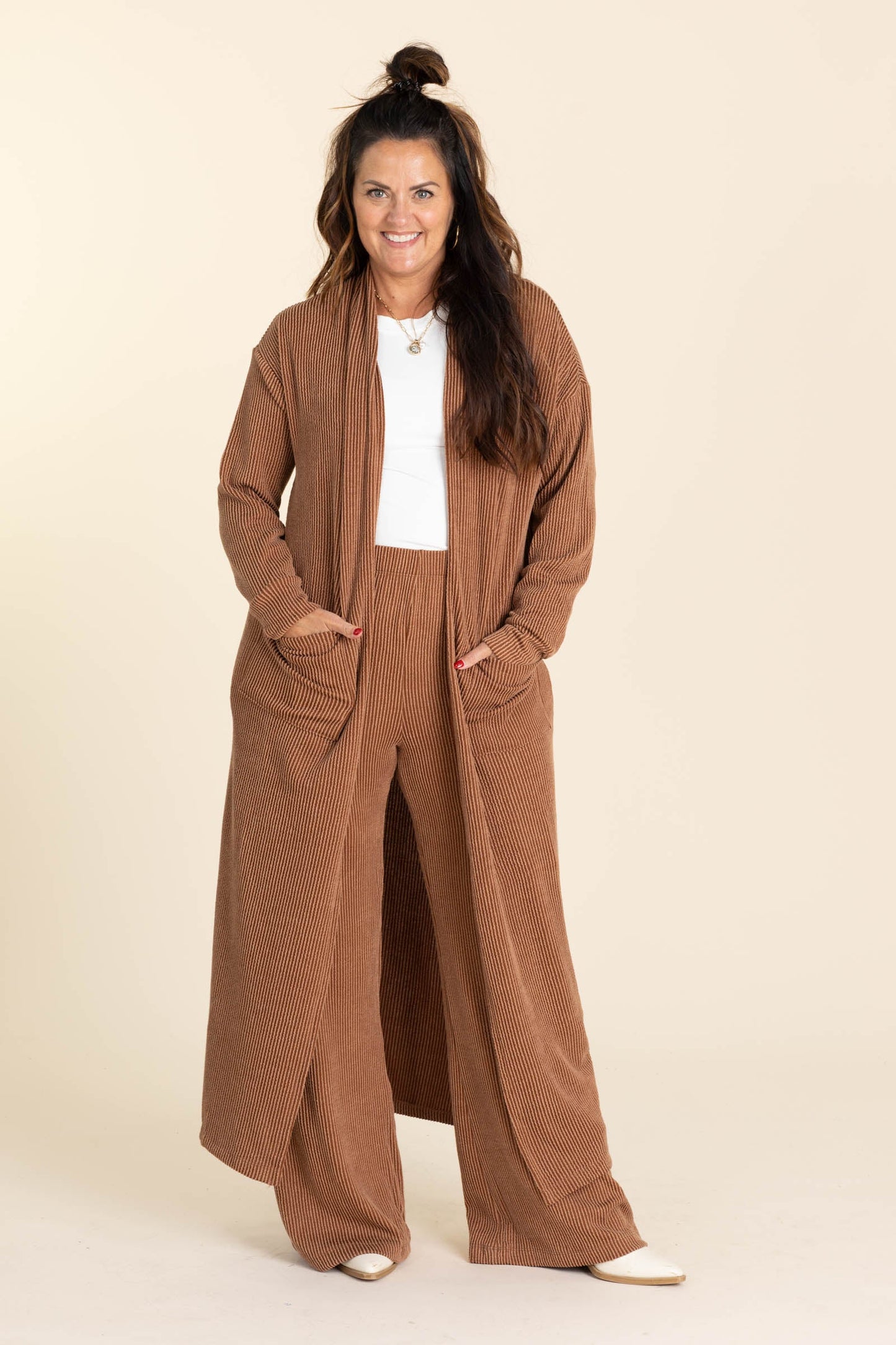 Soft Knit Long Open Cardigan And Pants Sets