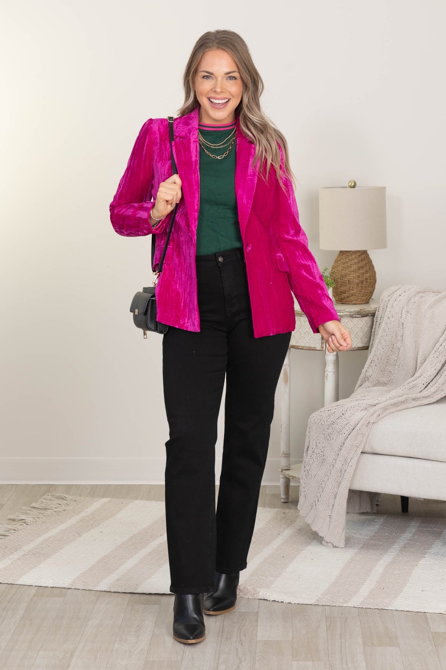 Hot Pink Crinkle Velvet Blazer