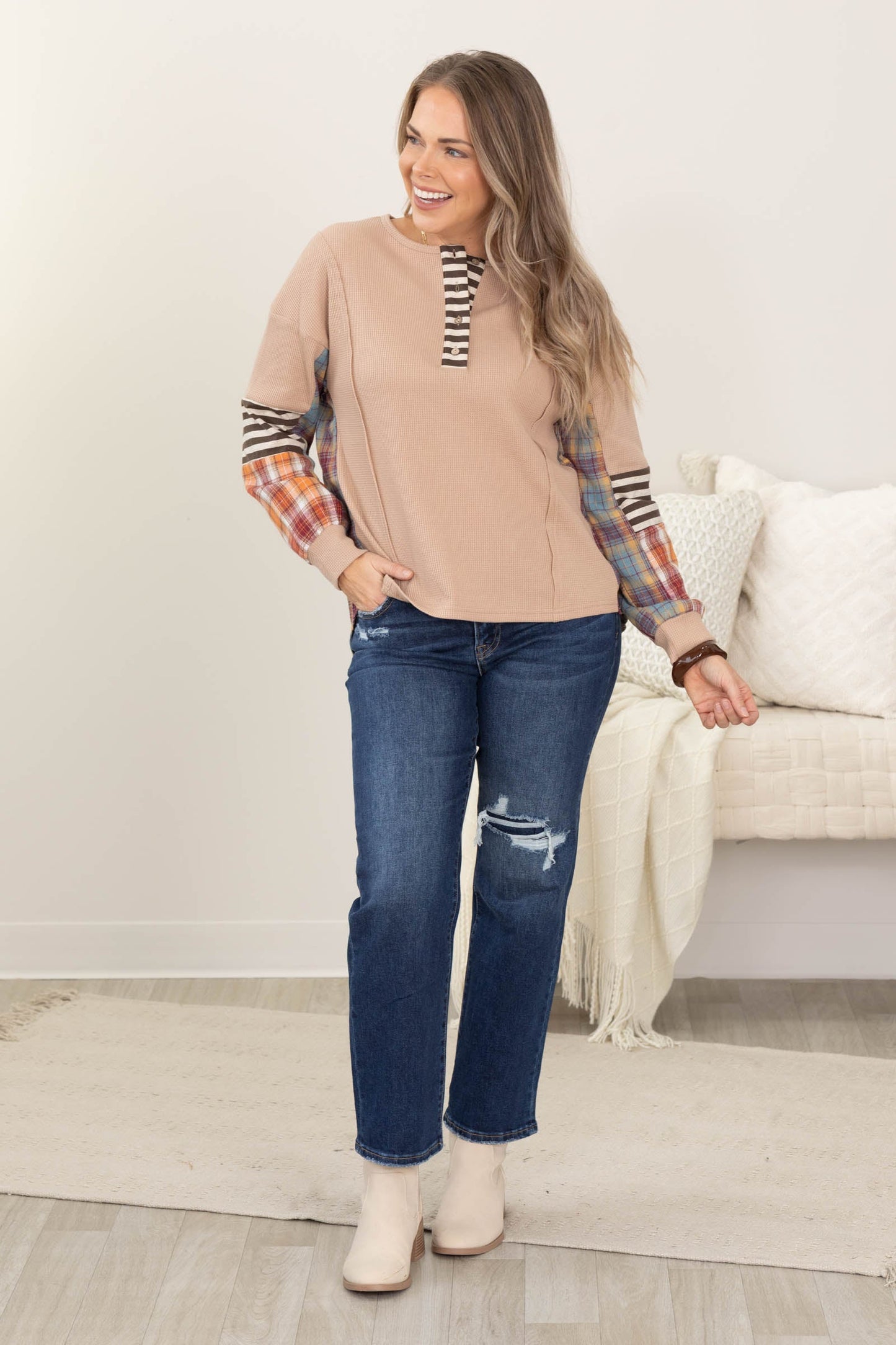 Tan Waffle Knit Top With Stripe And Plaid