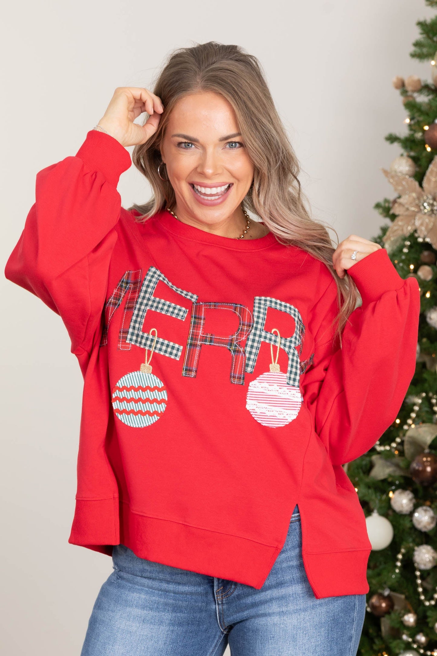 Red Merry Ornament Patchwork Knit Top