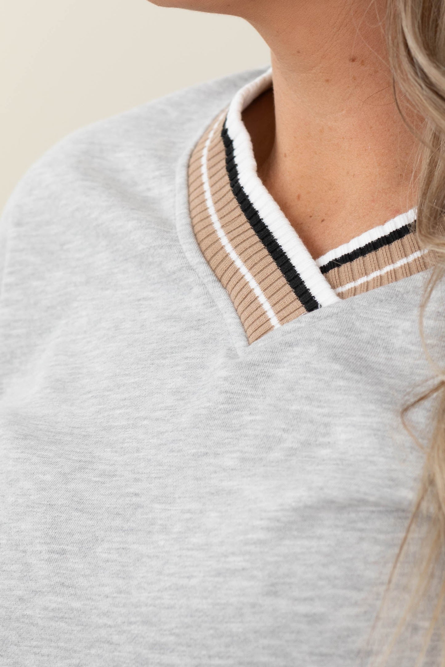 Grey Fuzzy Sweatshirt With Stripe Trim Detail