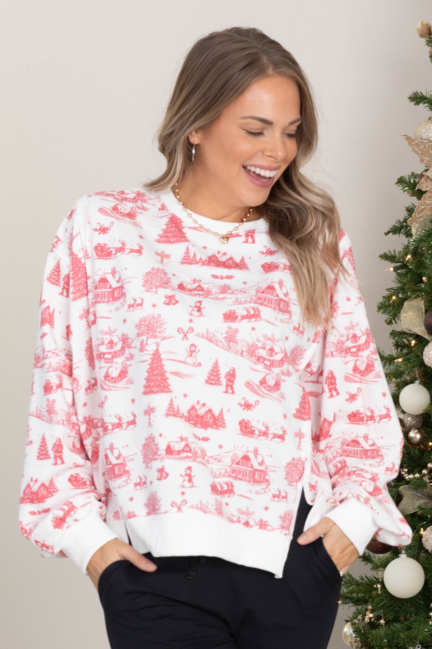 White With Red Christmas Toile Knit Top