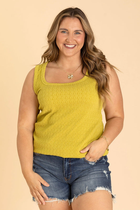 Dusty Lime Square Neck Solid Jacquard Knit Top