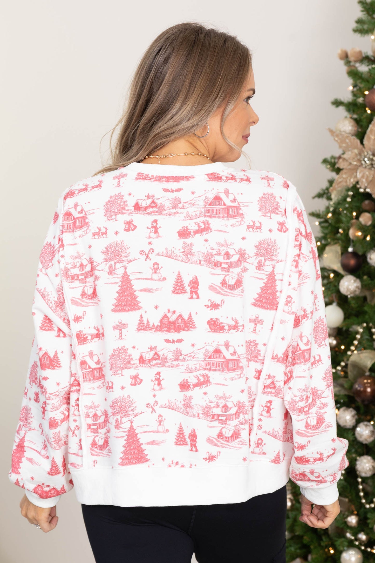 White With Red Christmas Toile Knit Top