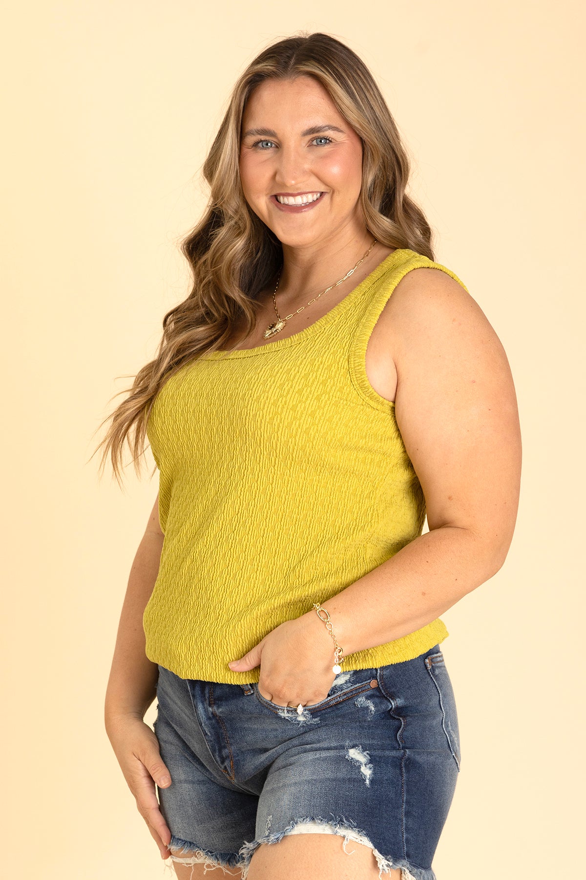 Dusty Lime Square Neck Solid Jacquard Knit Top