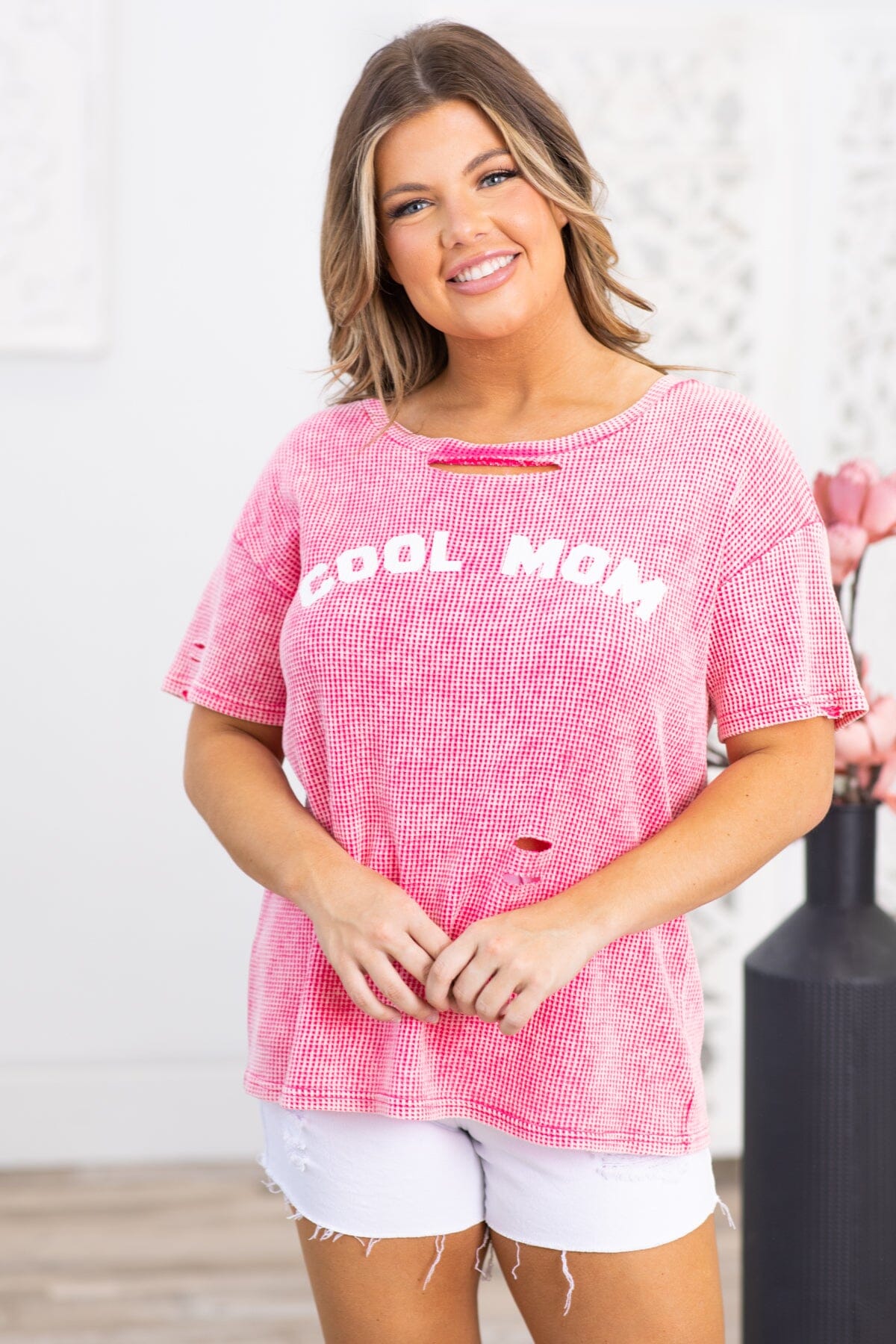 Hot Pink Washed Cool Mom Graphic Top