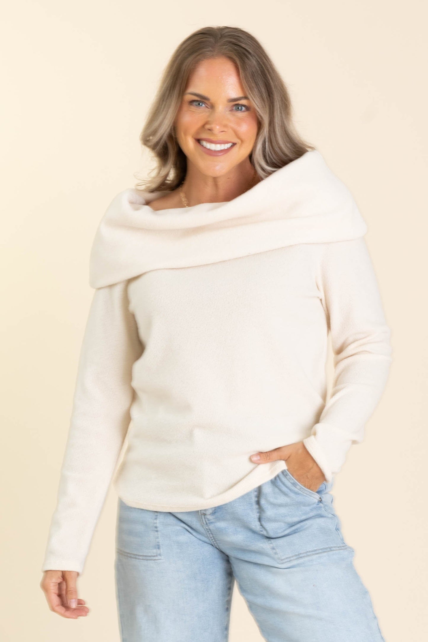 Cream Off The Shoulder Relaxed Sweater Top