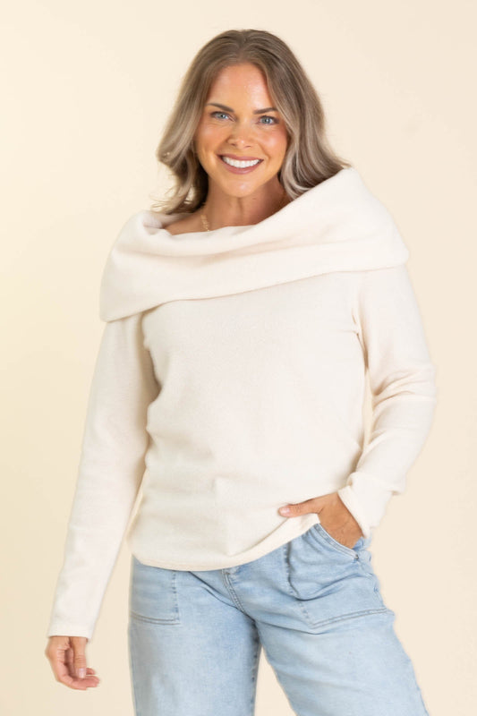 Cream Off The Shoulder Relaxed Sweater Top