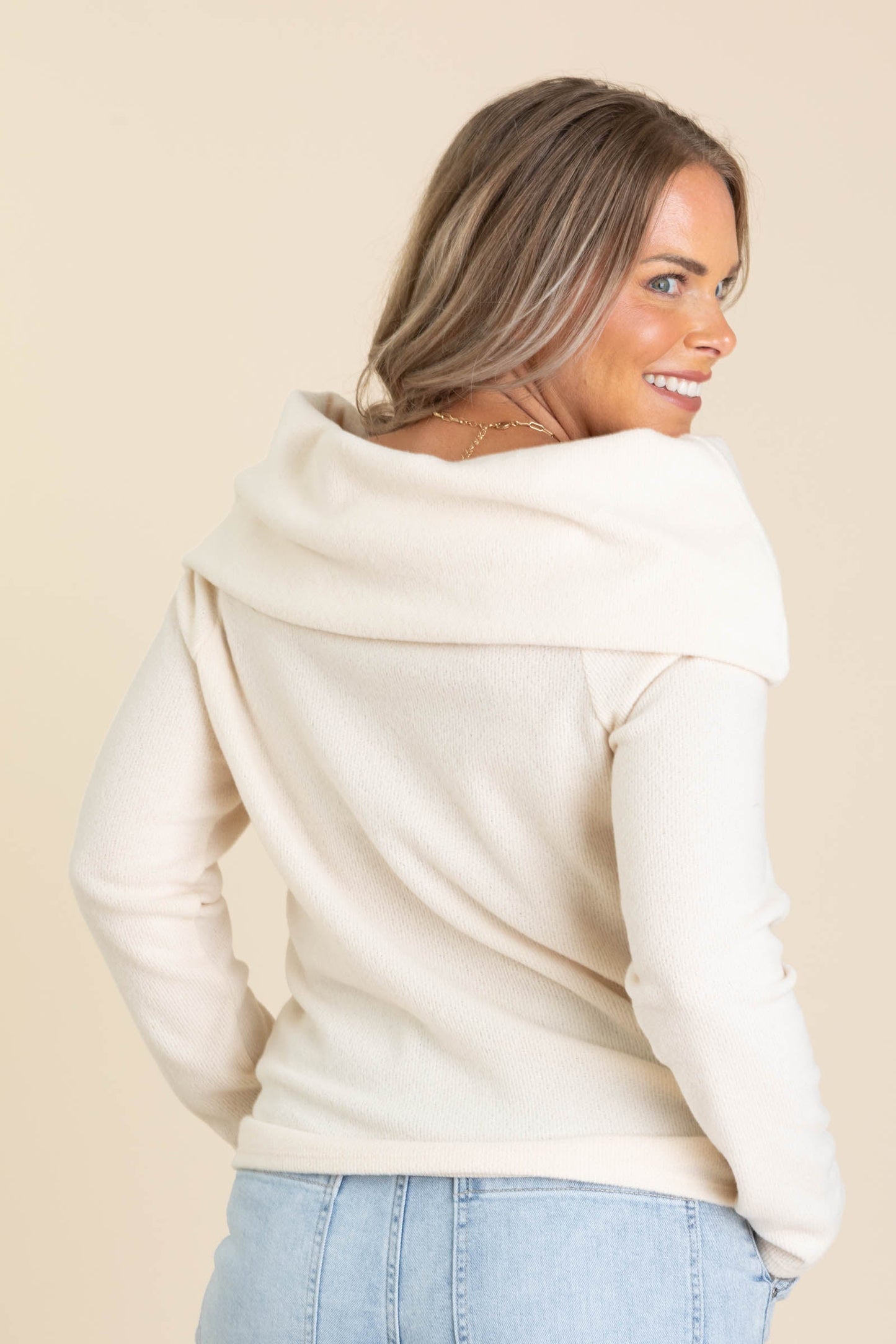 Cream Off The Shoulder Relaxed Sweater Top
