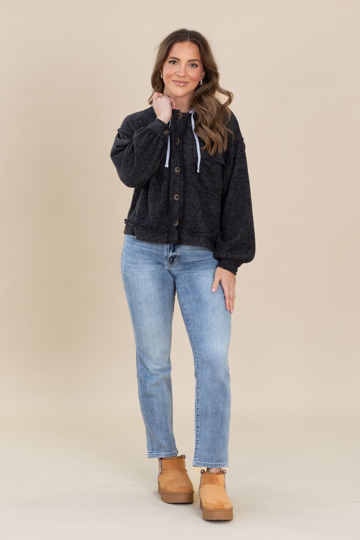 Brushed Hacci Hooded Button Down Shacket