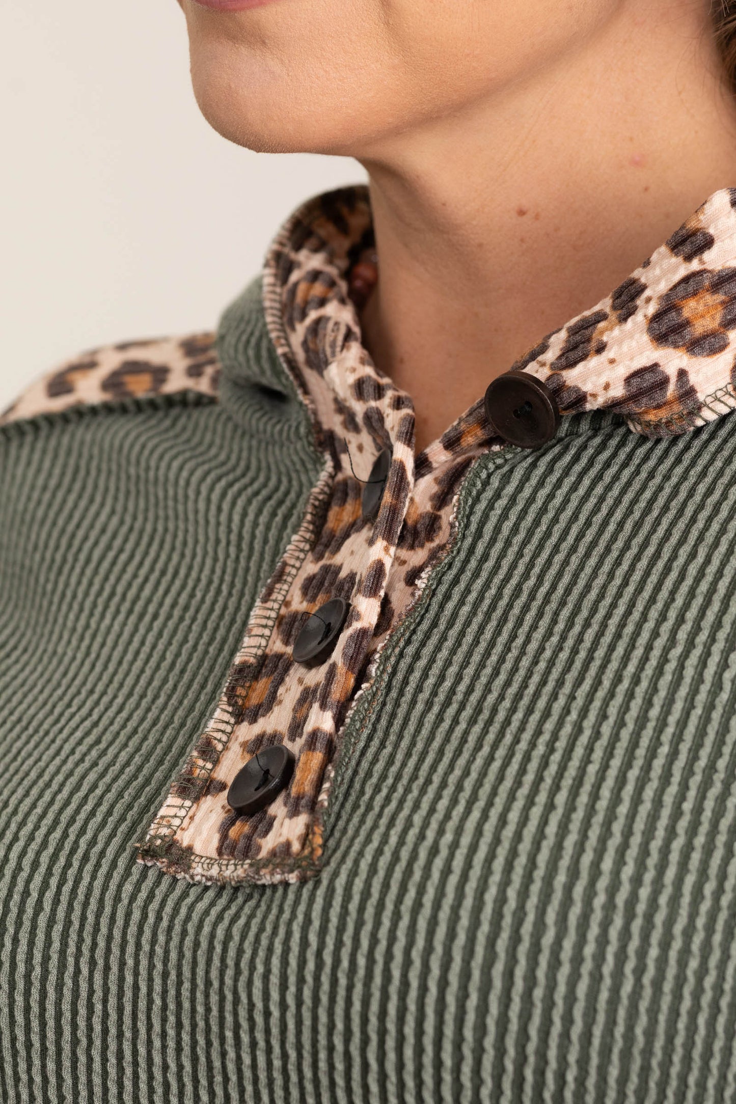 Olive Ribbed Leopard Contrast Knit Hoodie