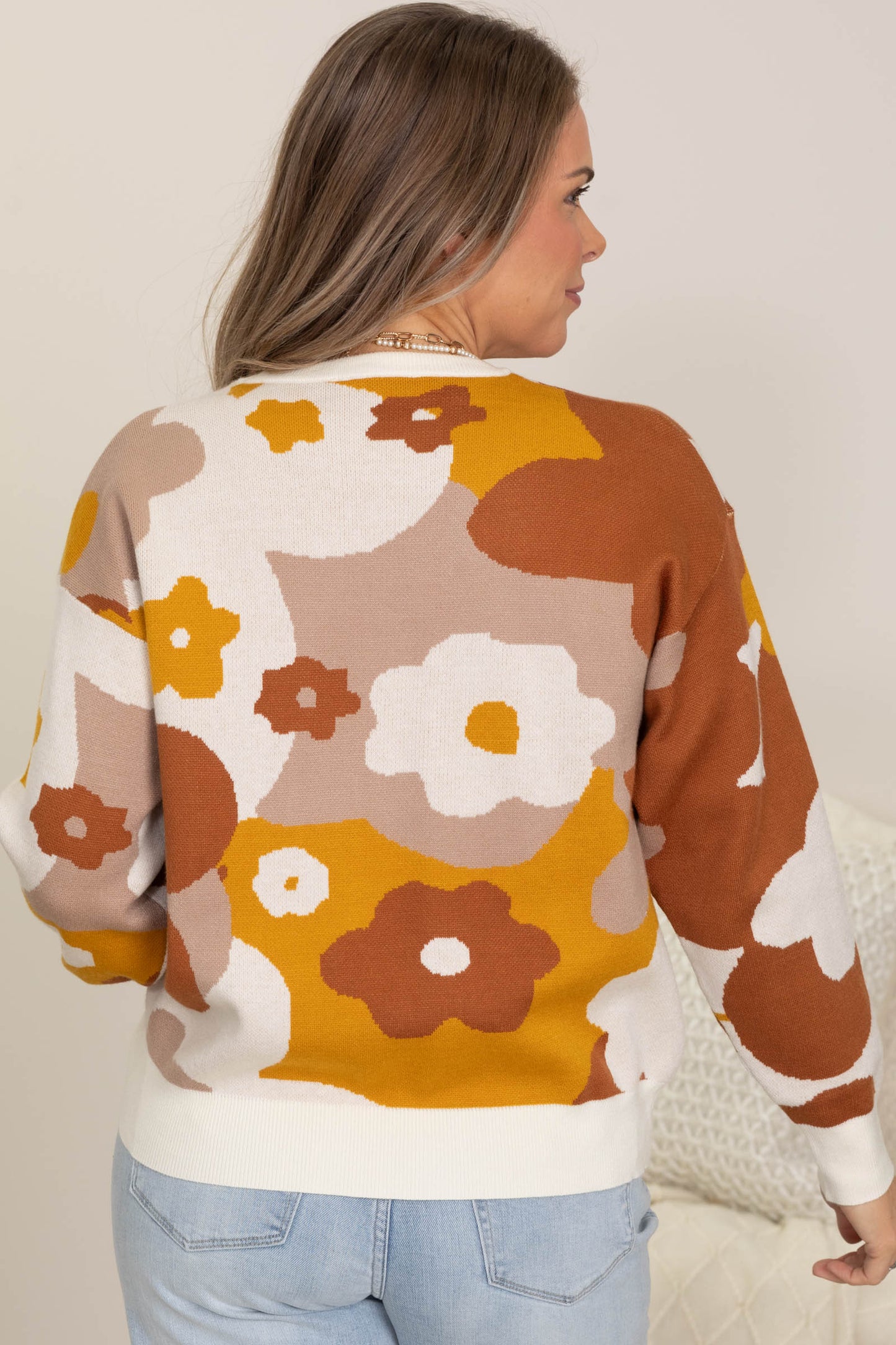 Ivory And Cognac Floral Intarsia Sweater