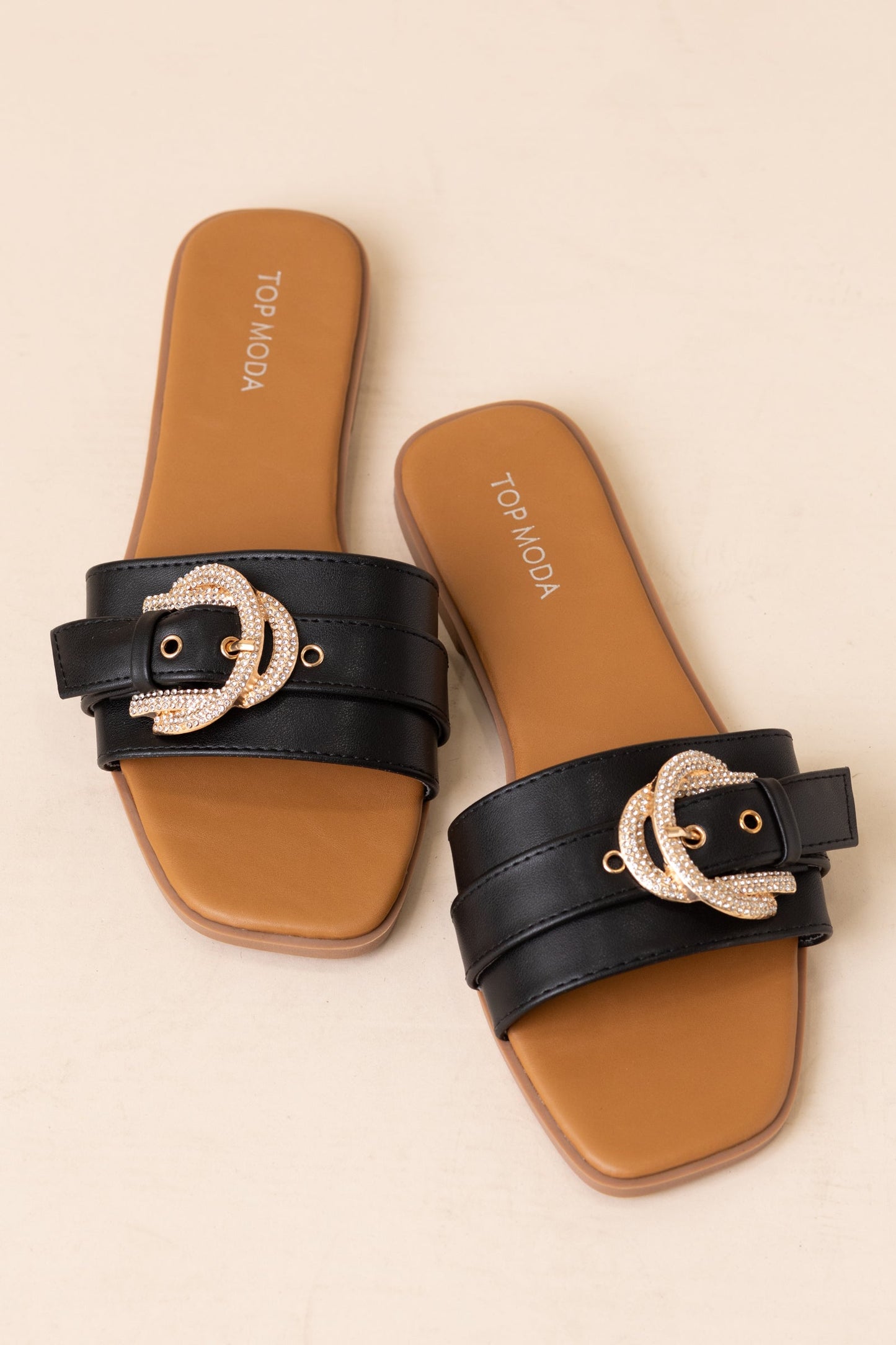 Black Rhinestone Buckle Flat Slide Sandals
