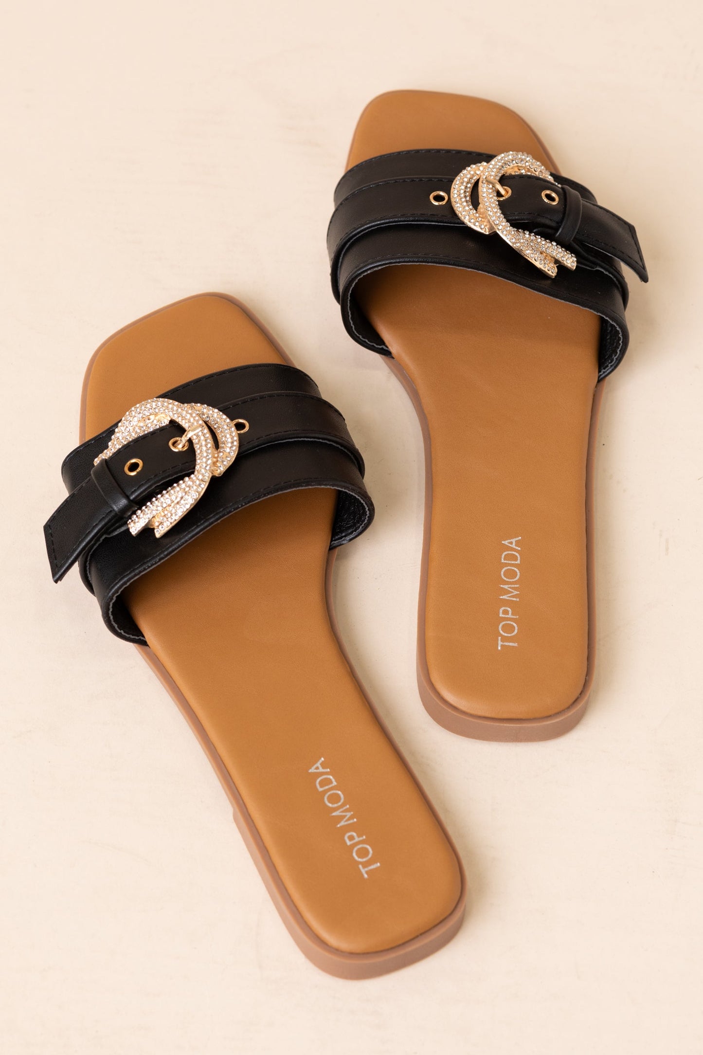 Black Rhinestone Buckle Flat Slide Sandals