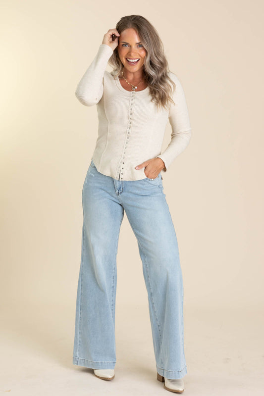 Oatmeal Button Down Fitted Knit Top