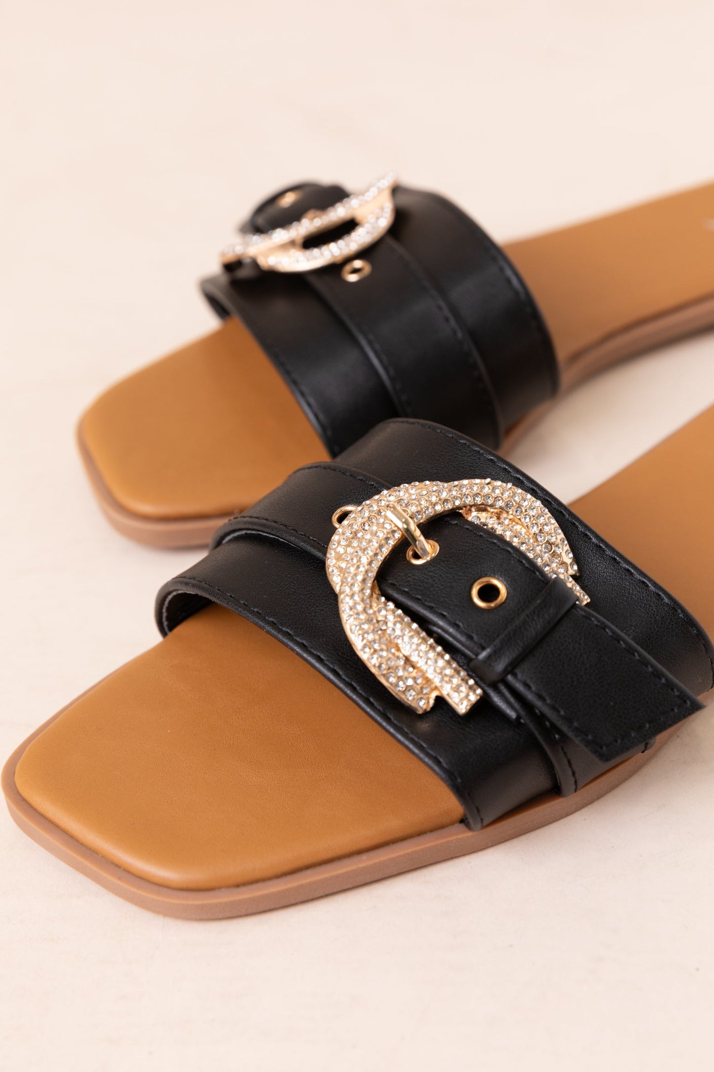 Black Rhinestone Buckle Flat Slide Sandals