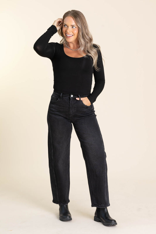 Vervet Black High Rise Panel Barrel Jeans