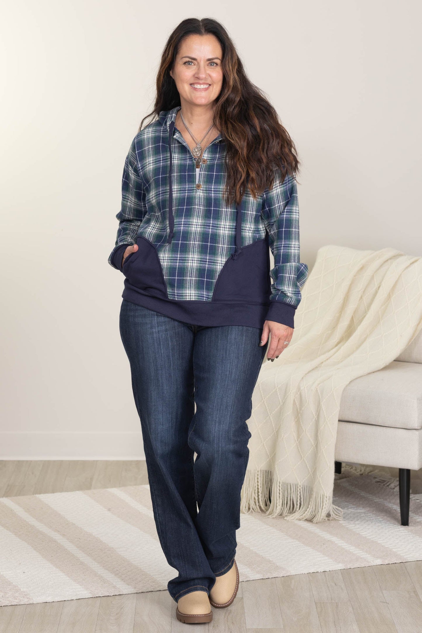 Navy Plaid Mixed Half Plaid Jacket Knit Hoodie