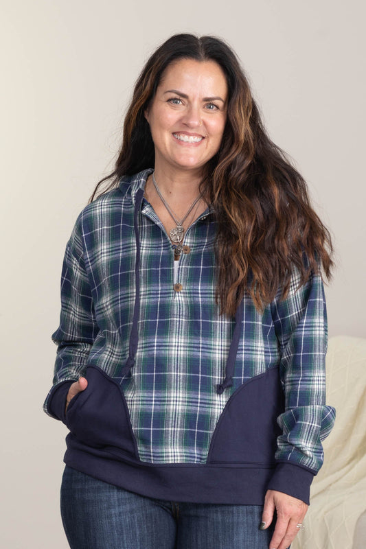 Navy Plaid Mixed Half Plaid Jacket Knit Hoodie