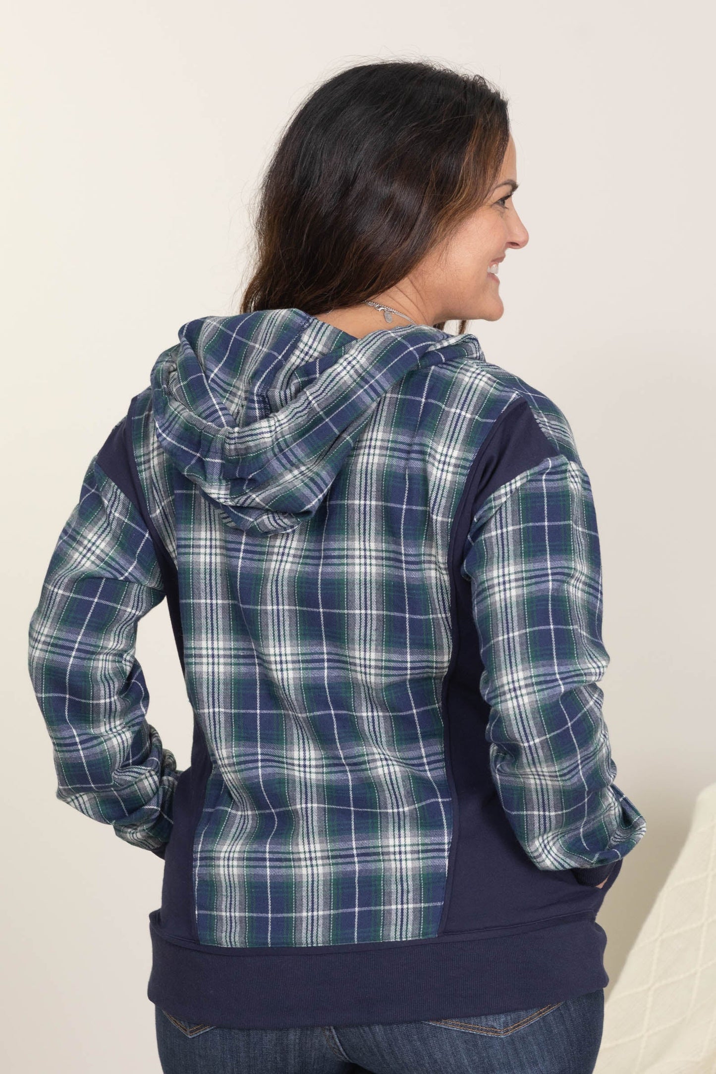 Navy Plaid Mixed Half Plaid Jacket Knit Hoodie