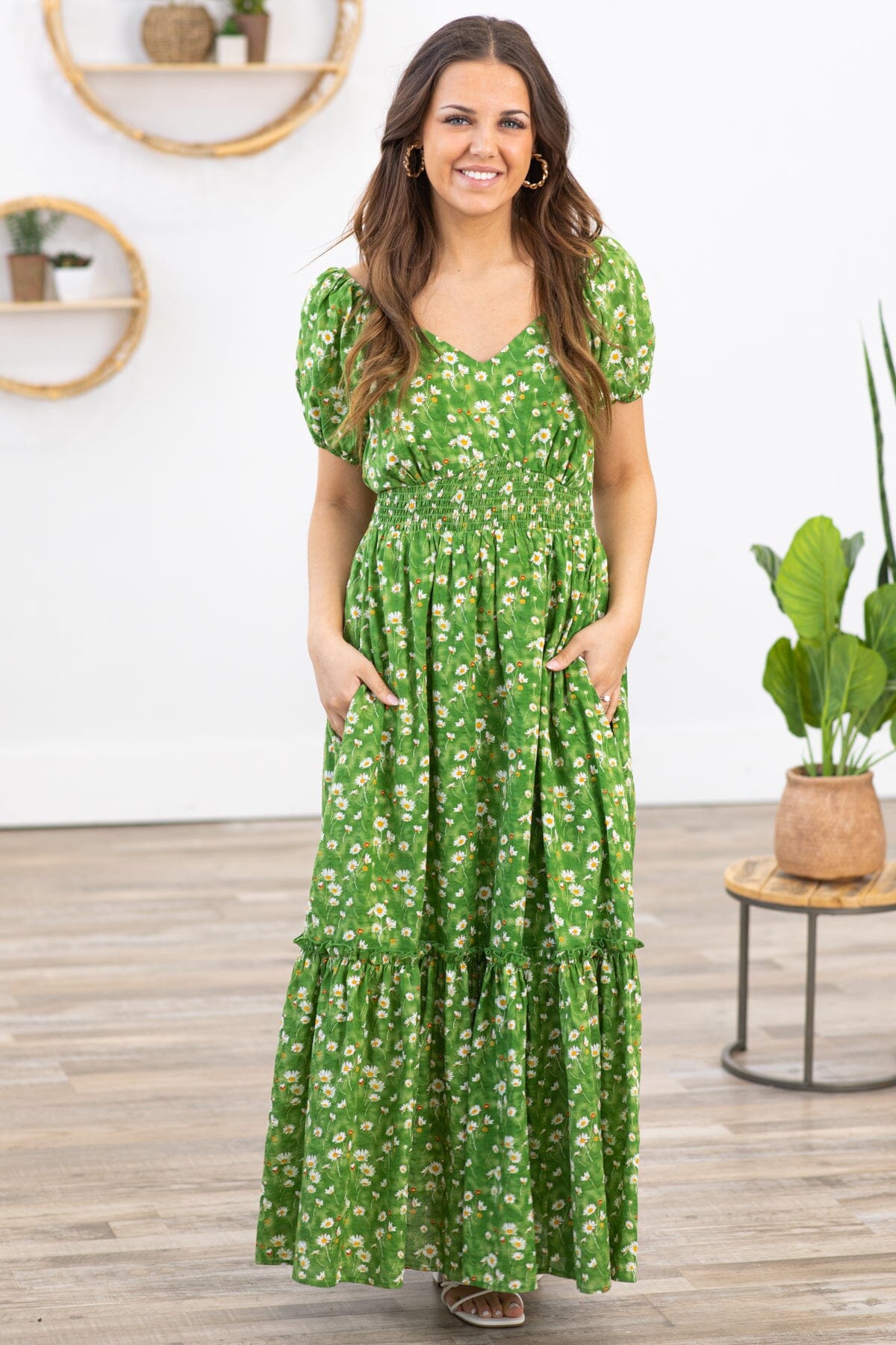 Green Multicolor Floral Puff Sleeve Maxi Dress