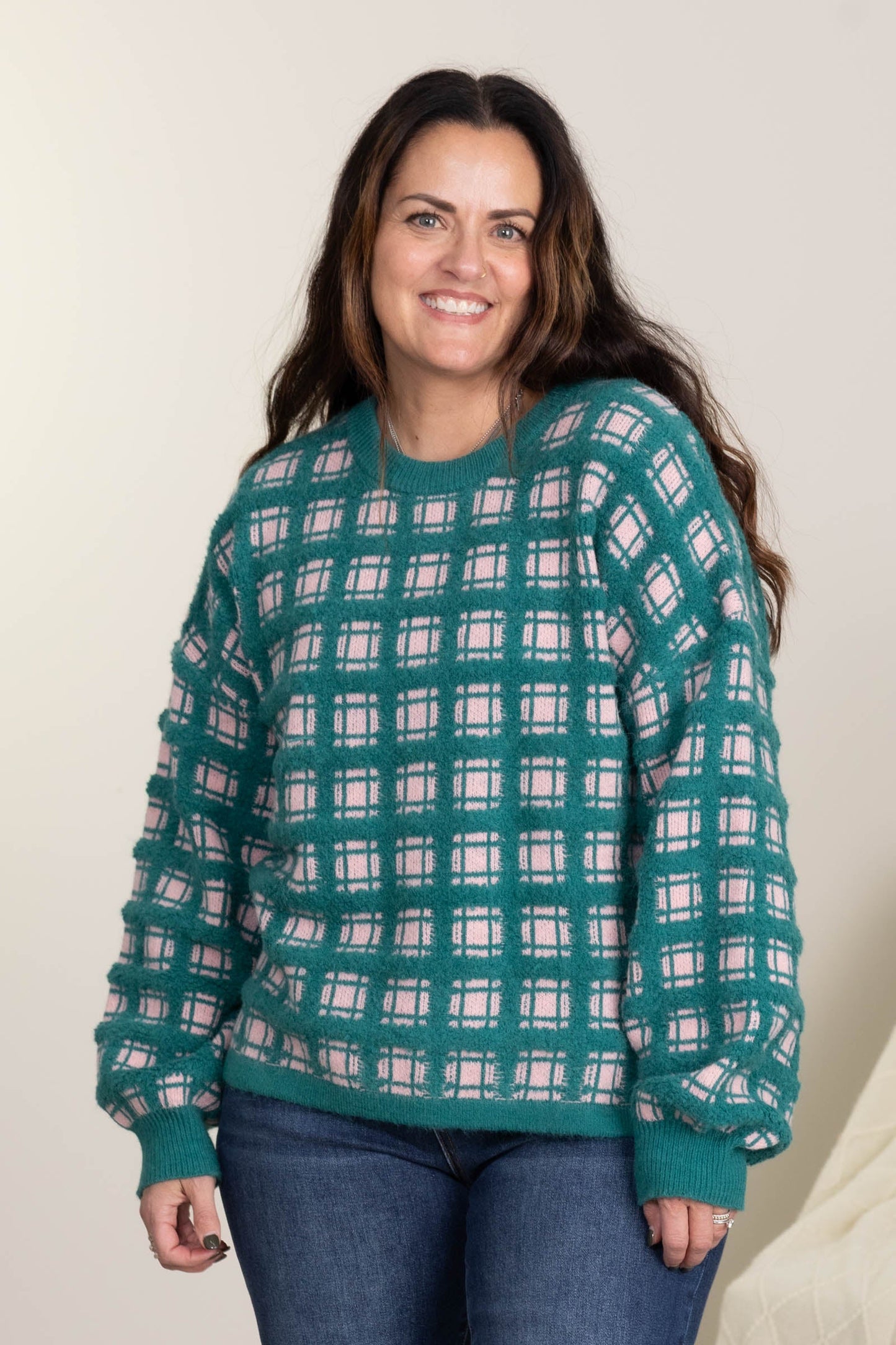 Teal and Baby Pink Checker Soft Yarn Sweater