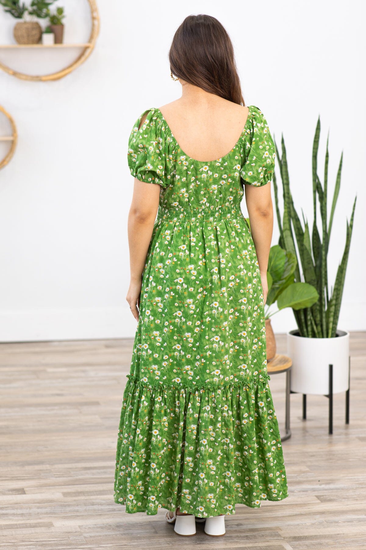 Green Multicolor Floral Puff Sleeve Maxi Dress
