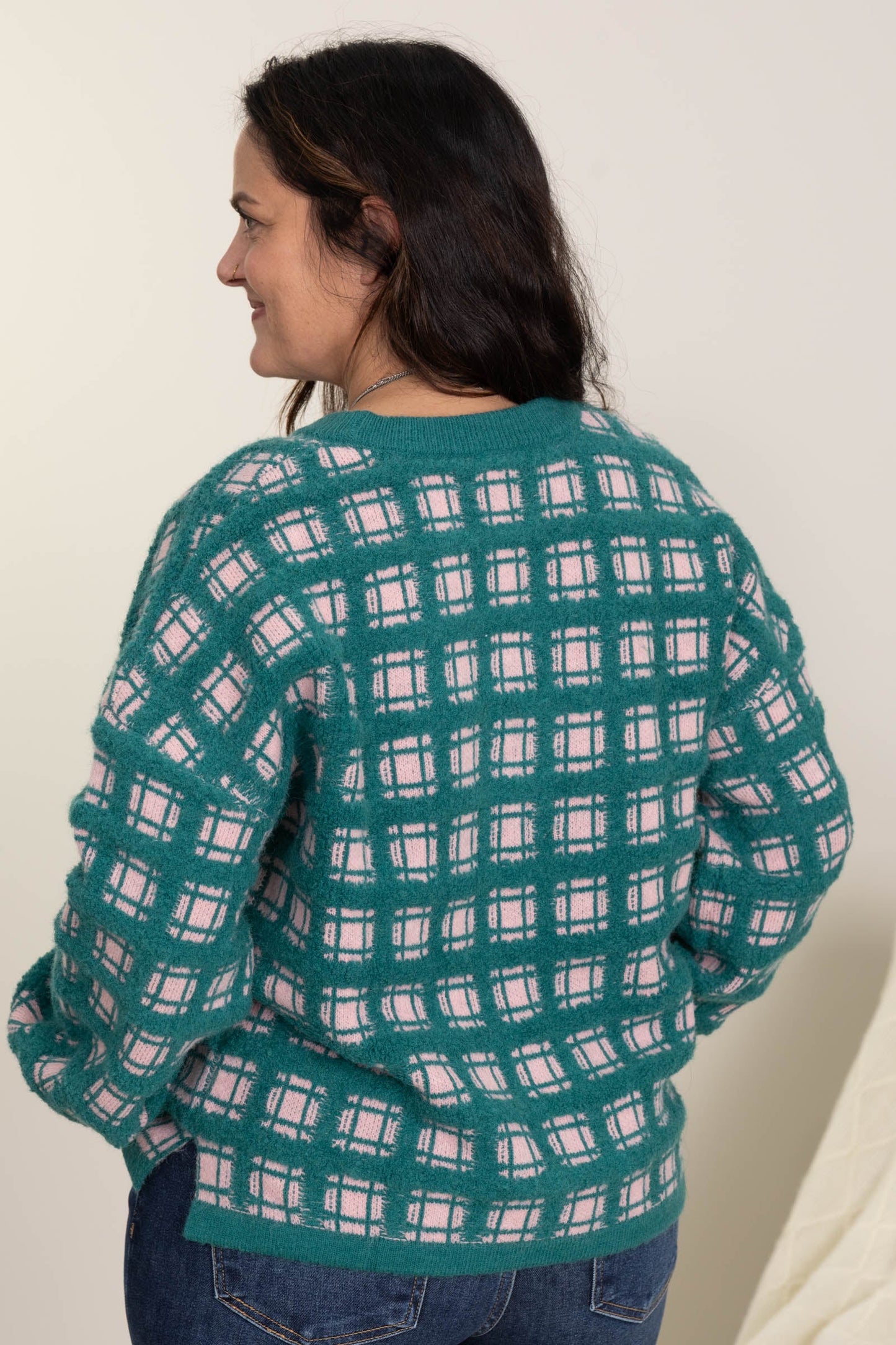 Teal and Baby Pink Checker Soft Yarn Sweater