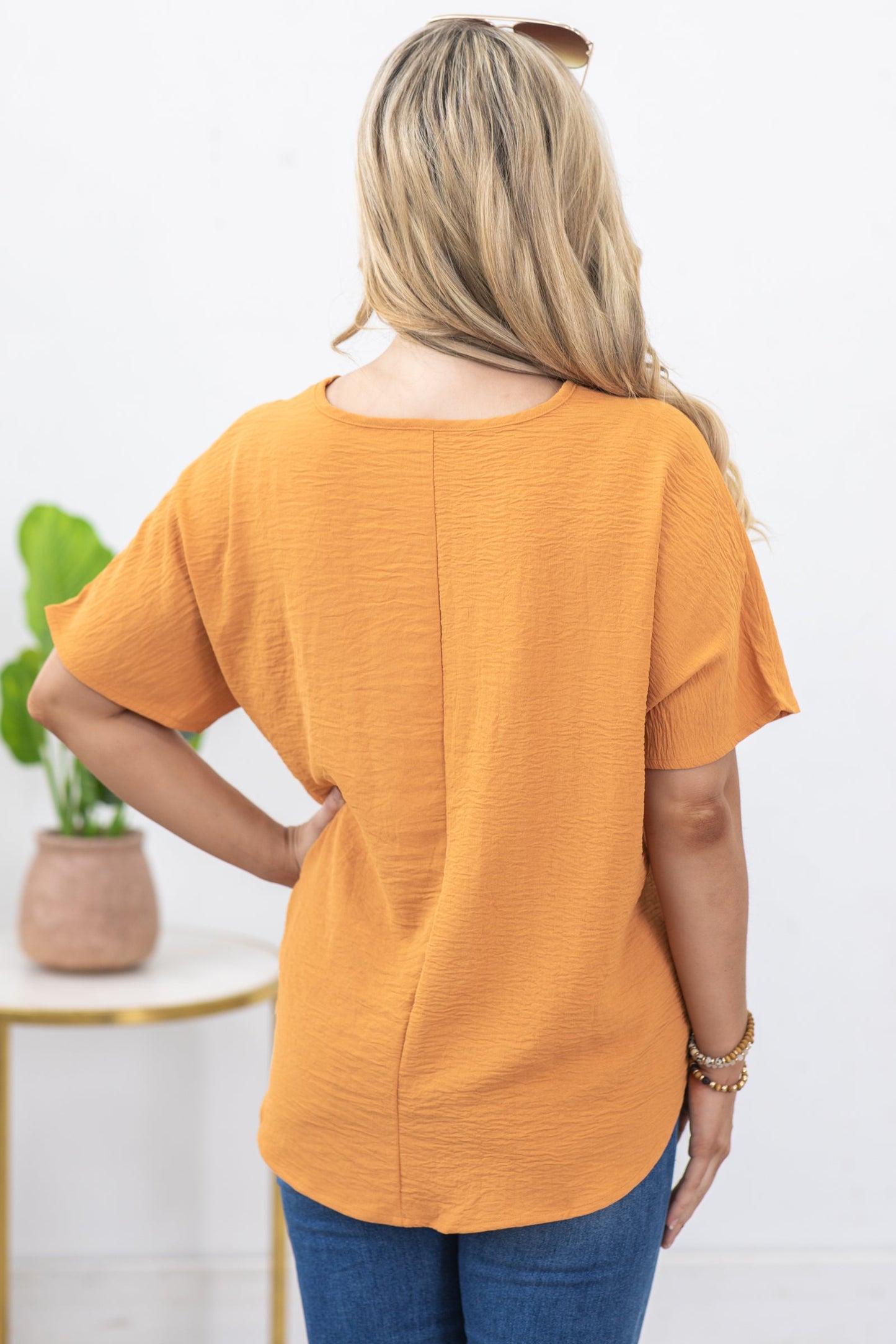 Orange V-Neck Airflow Woven Top