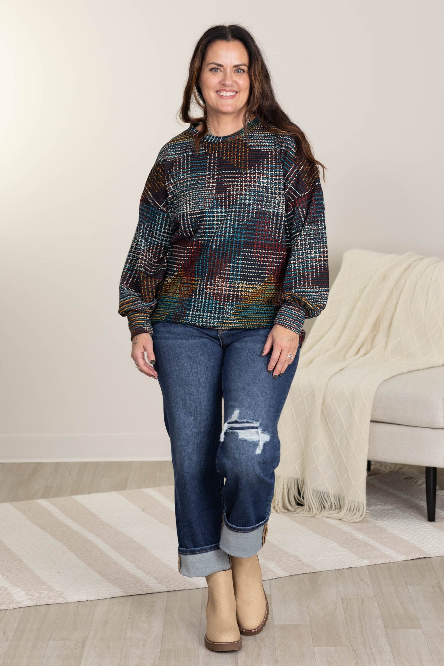 Teal And Wine Abstract Print Long Sleeve Top