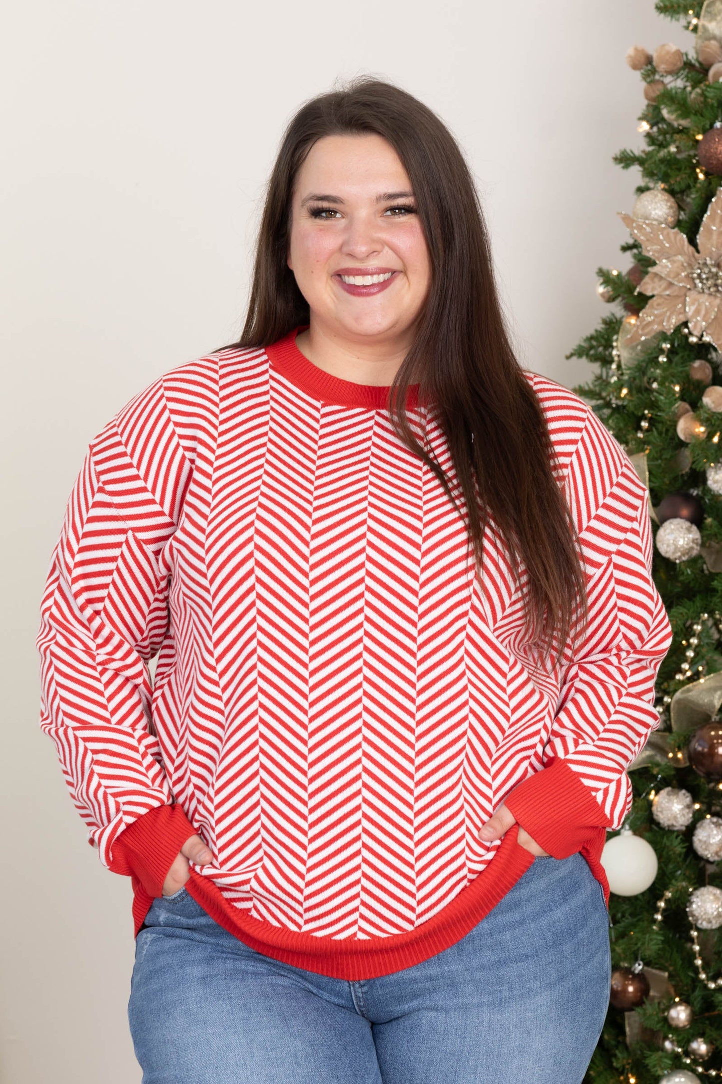 Red And White Stripe Contrast Sweater