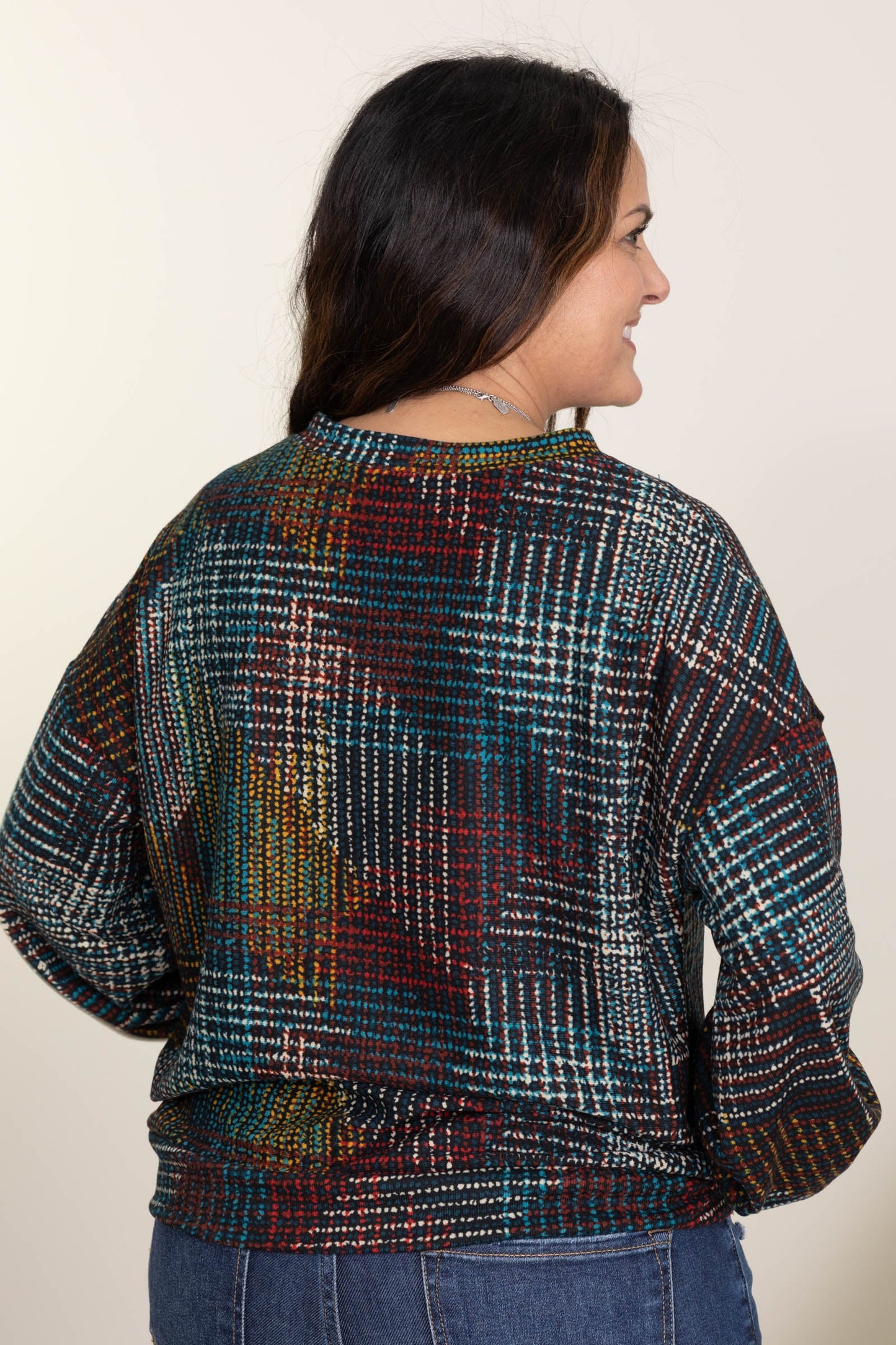 Teal And Wine Abstract Print Long Sleeve Top