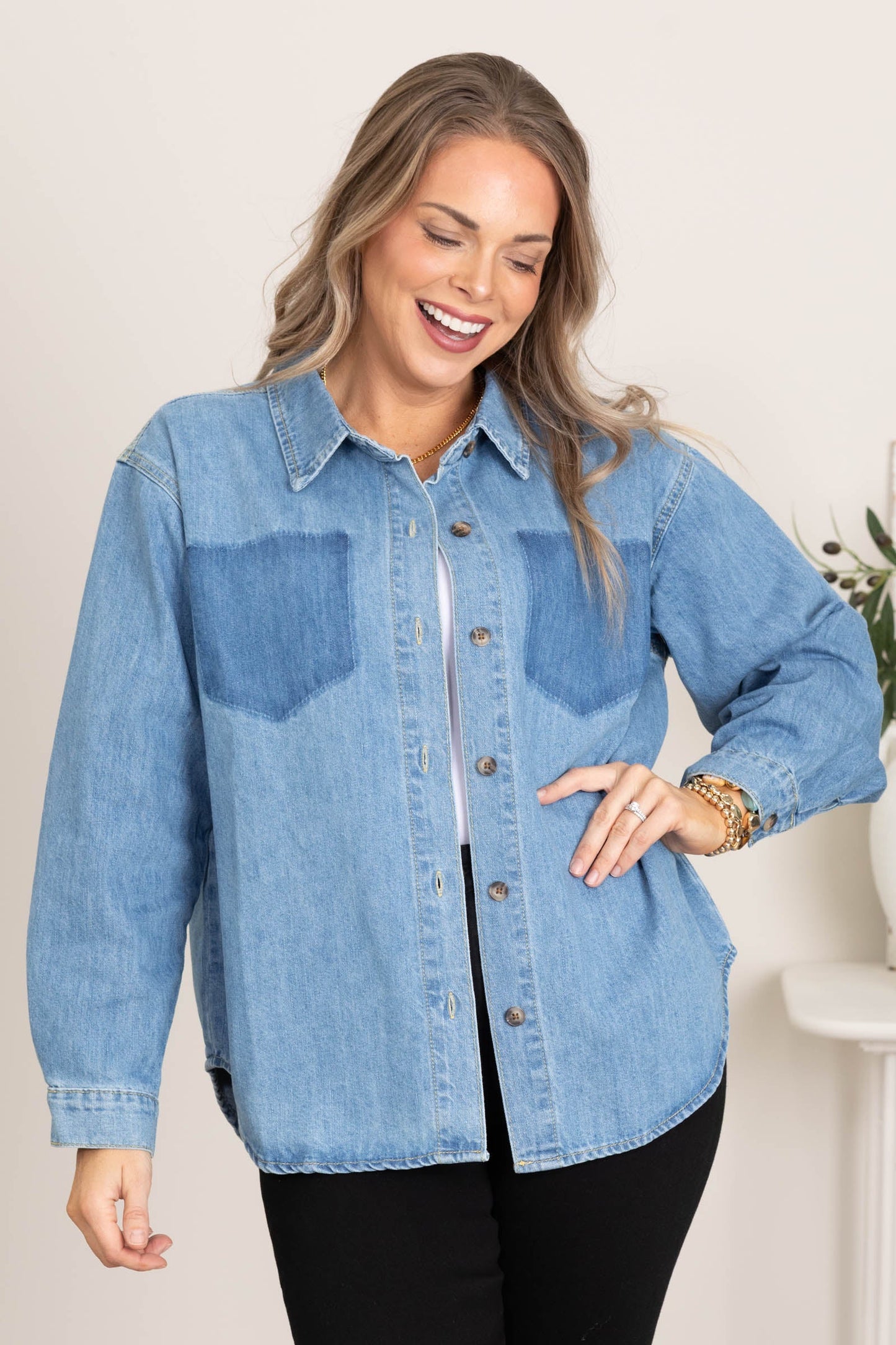 Denim Shirt With Burnout Pockets