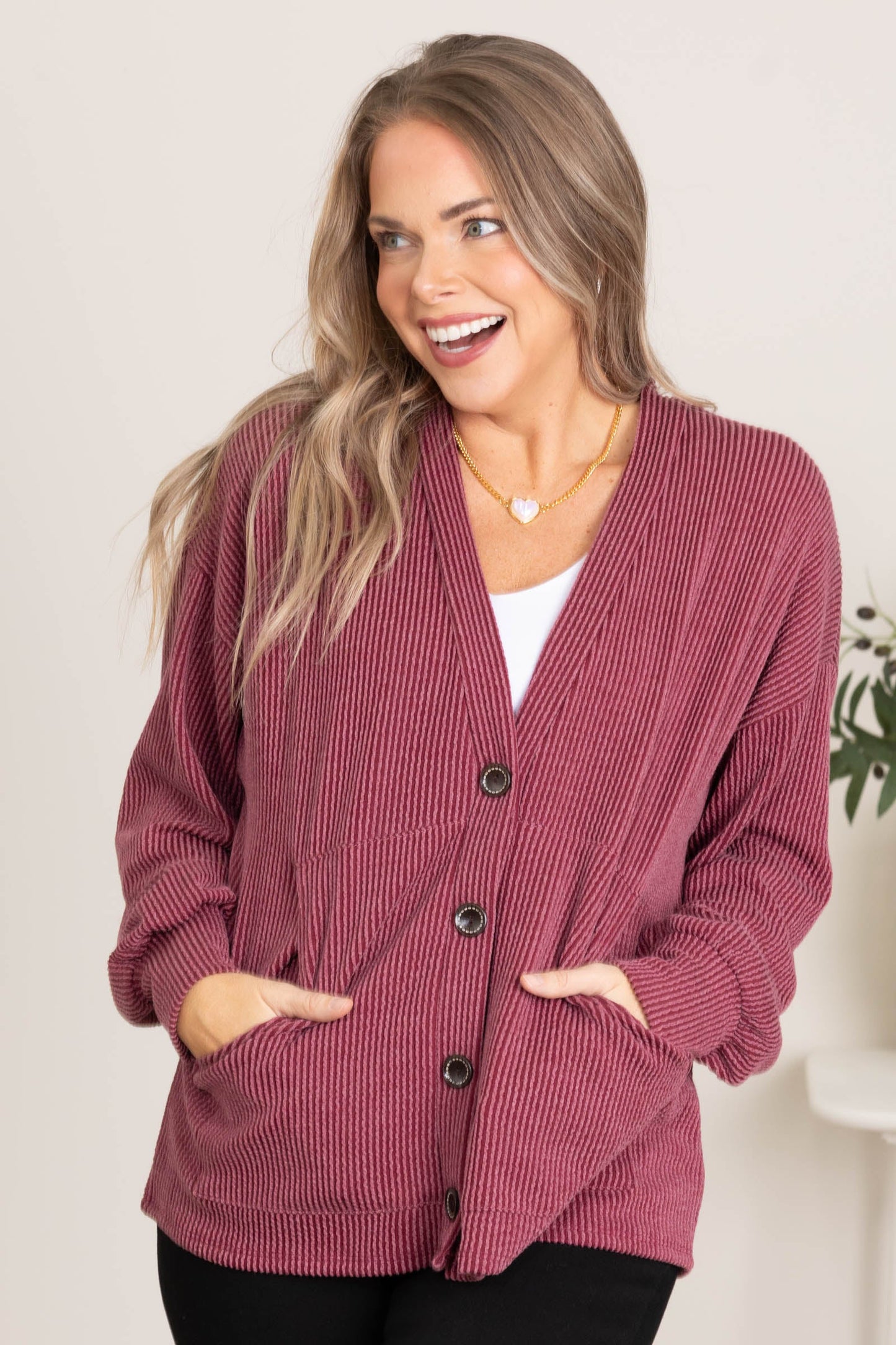 Solid Ribbed Button Front Knit Cardigans