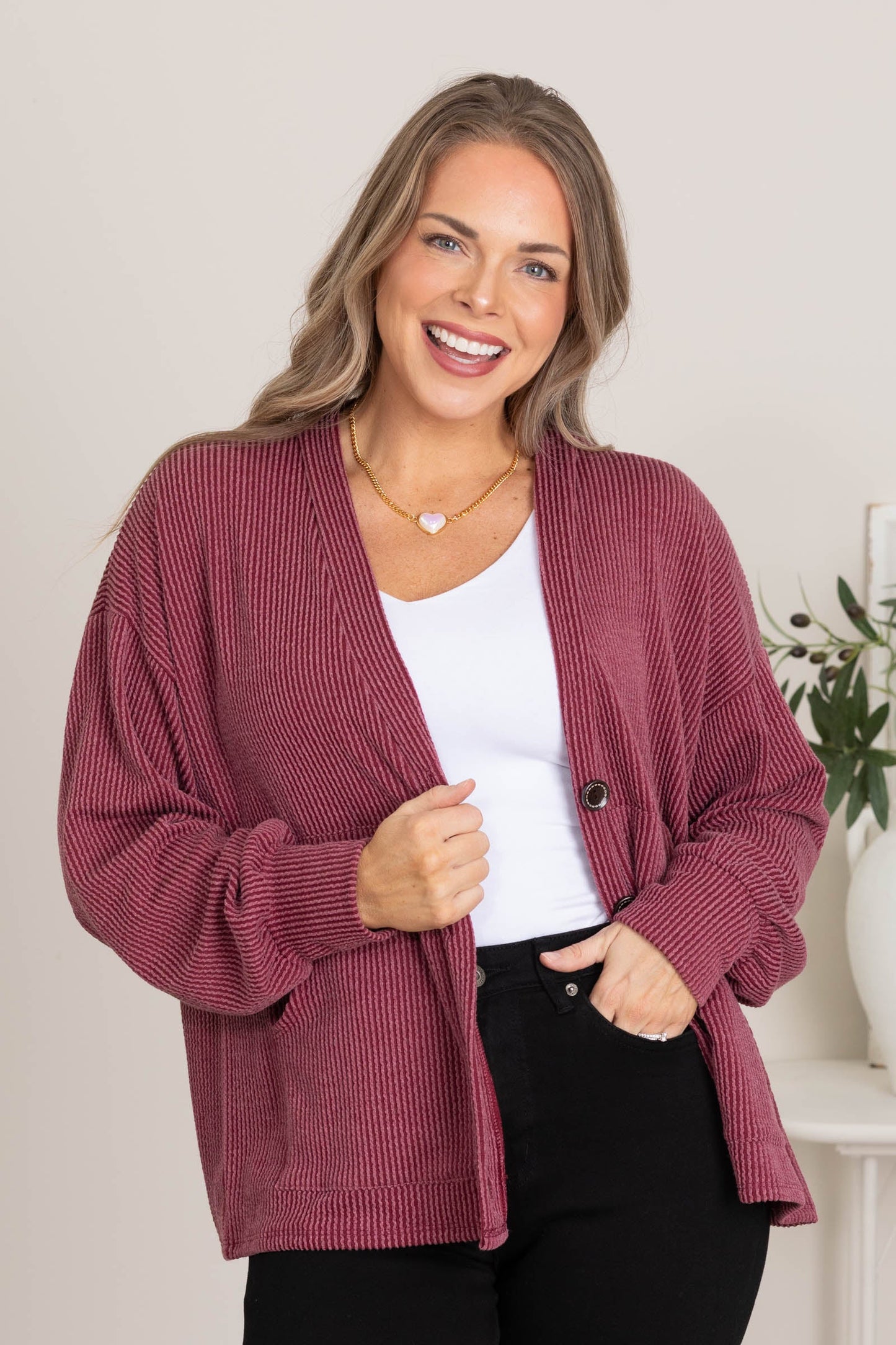 Solid Ribbed Button Front Knit Cardigans